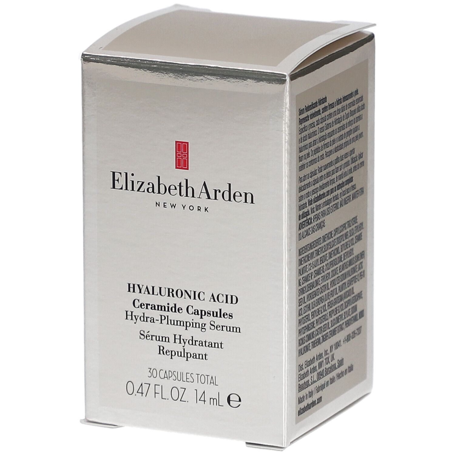 Boîte argentée avec informations produit. Elizabeth Arden, capsules de céramides à l'acide hyaluronique. 30 capsules.