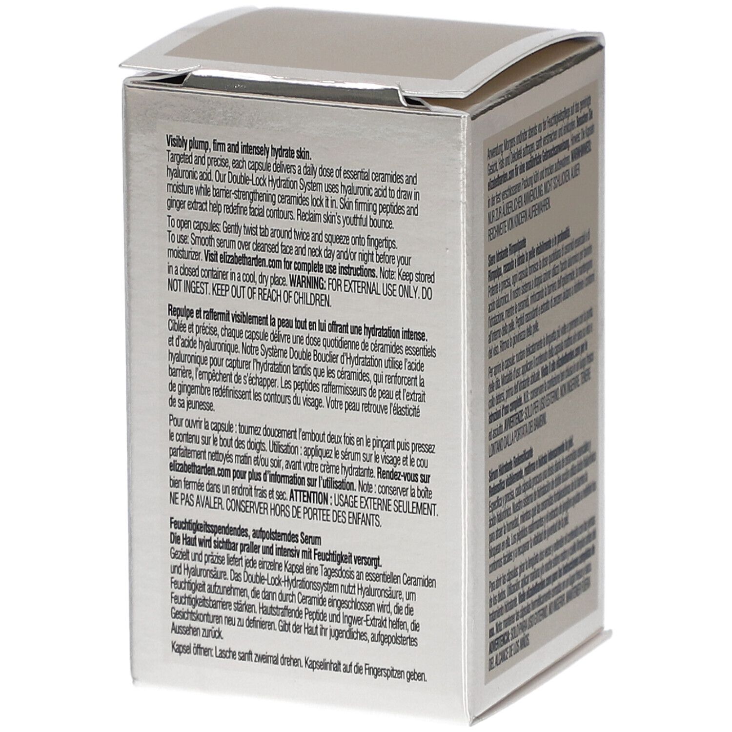 Dos de la boîte argentée avec informations produit. Elizabeth Arden, capsules de céramides à l'acide hyaluronique.