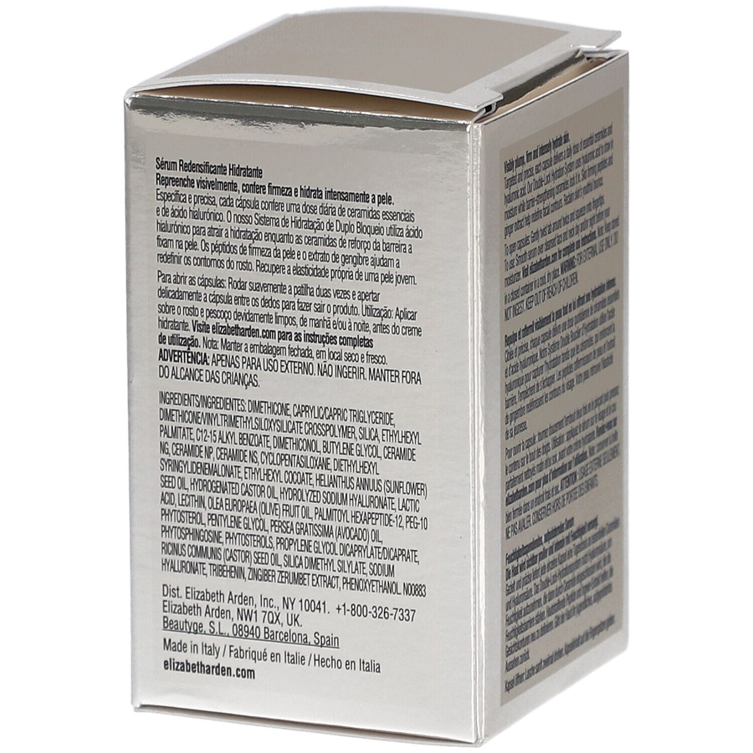 Dos de la boîte argentée avec informations produit. Elizabeth Arden, capsules de céramides à l'acide hyaluronique.