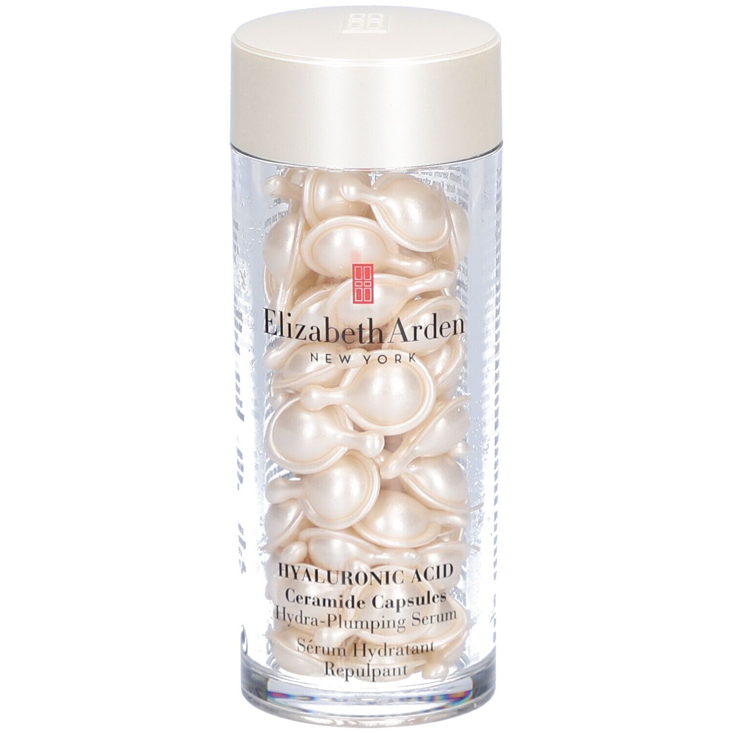 Capsules in een transparante container. Opschrift: Elizabeth Arden, Hyaluronic Acid Ceramide Capsules.
