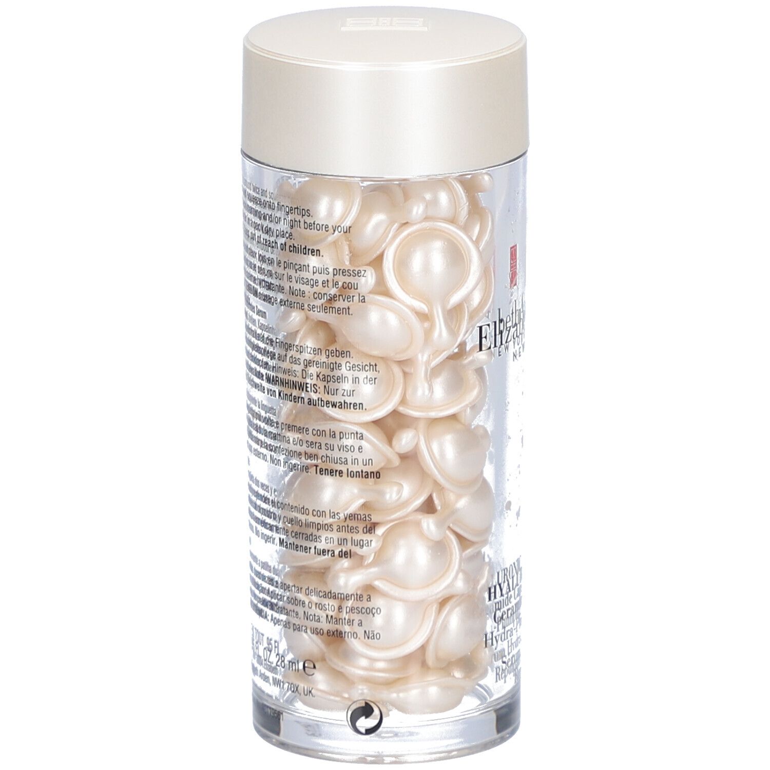 Transparante container met capsules. Opschrift en tekst op de container. Crèmekleurig deksel.