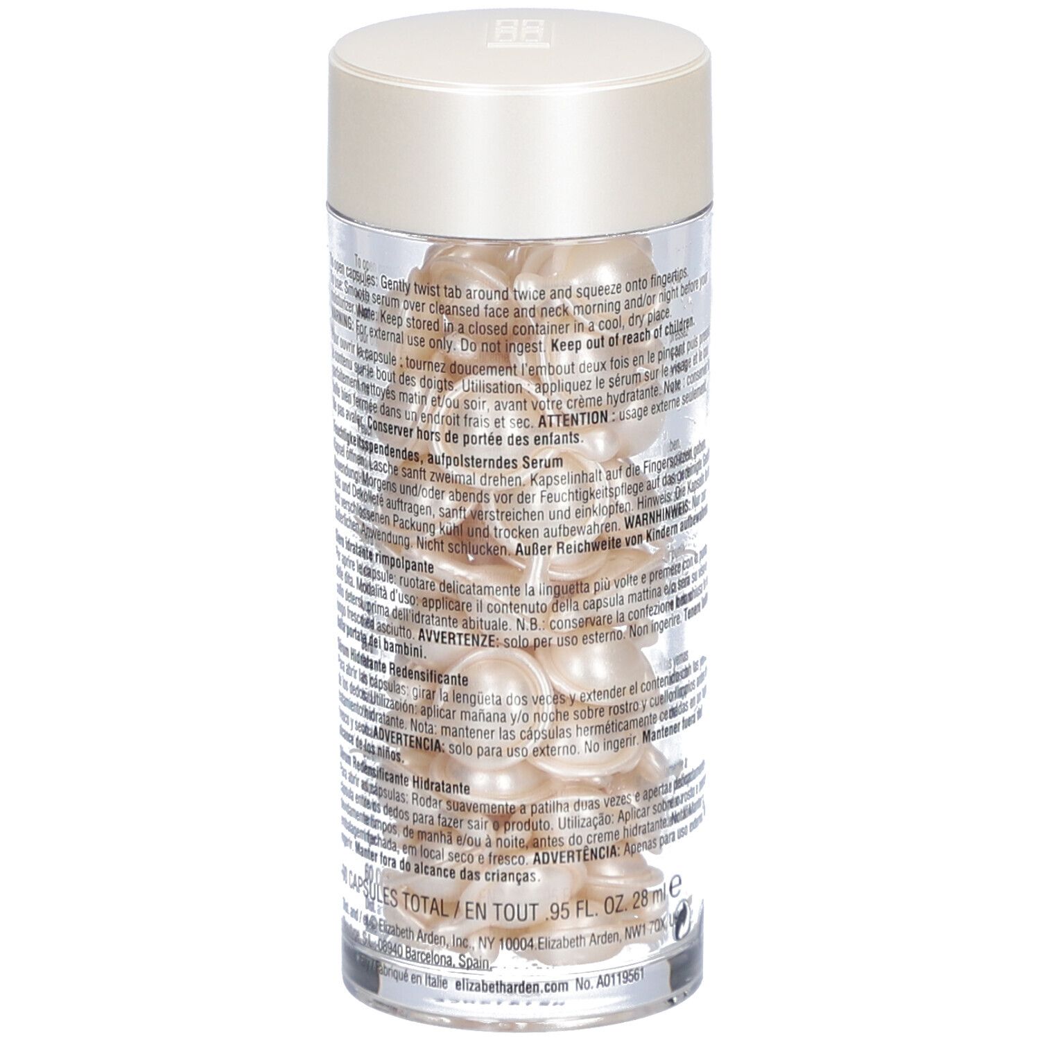 Transparante container met capsules. Achterkant met tekst. Crèmekleurig deksel.