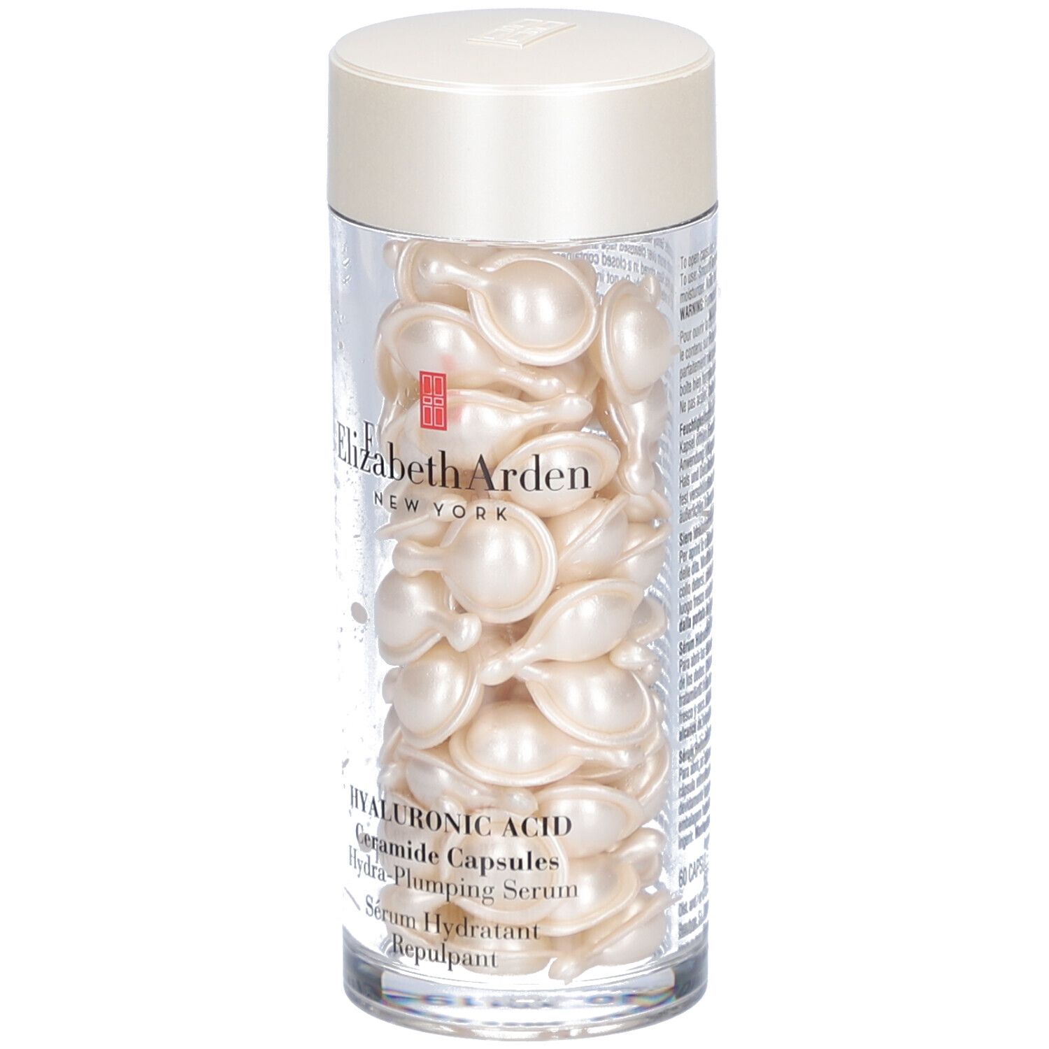 Transparante container met capsules. Opschrift: Elizabeth Arden, Hyaluronic Acid Ceramide Capsules.