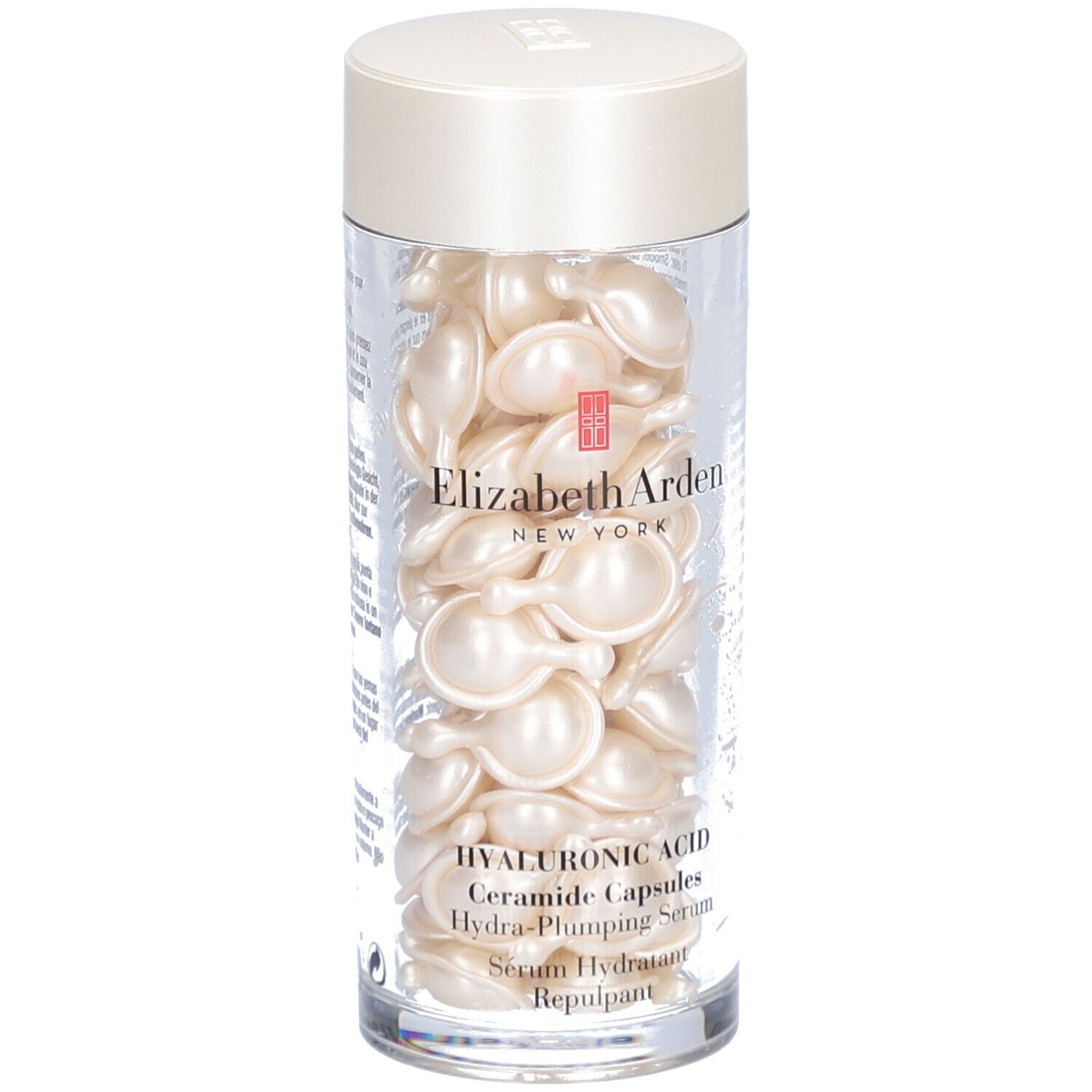 Transparante container met capsules. Opschrift: Elizabeth Arden, Hyaluronic Acid Ceramide Capsules.