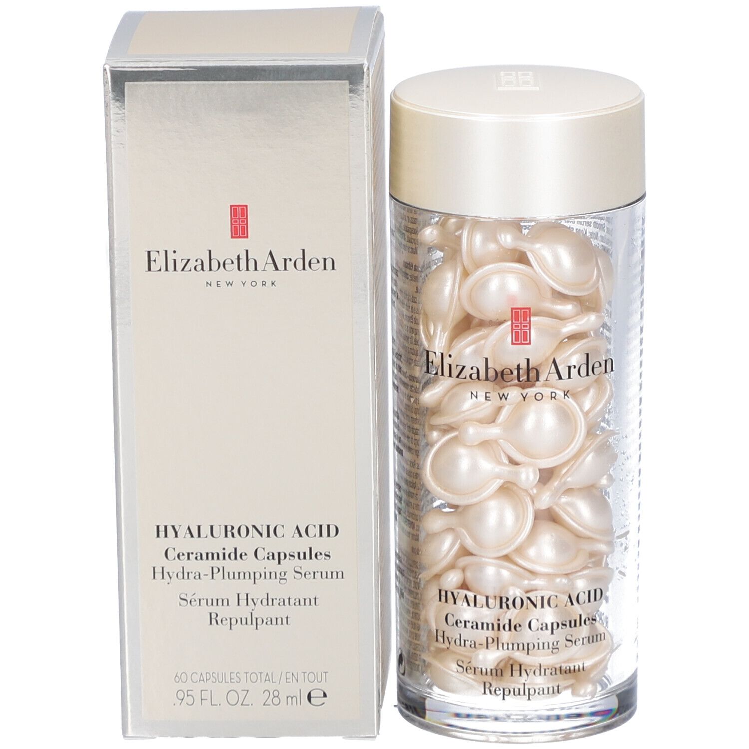 Productverpakking en container met capsules. Opschrift: Elizabeth Arden, Hyaluronic Acid Ceramide Capsules.
