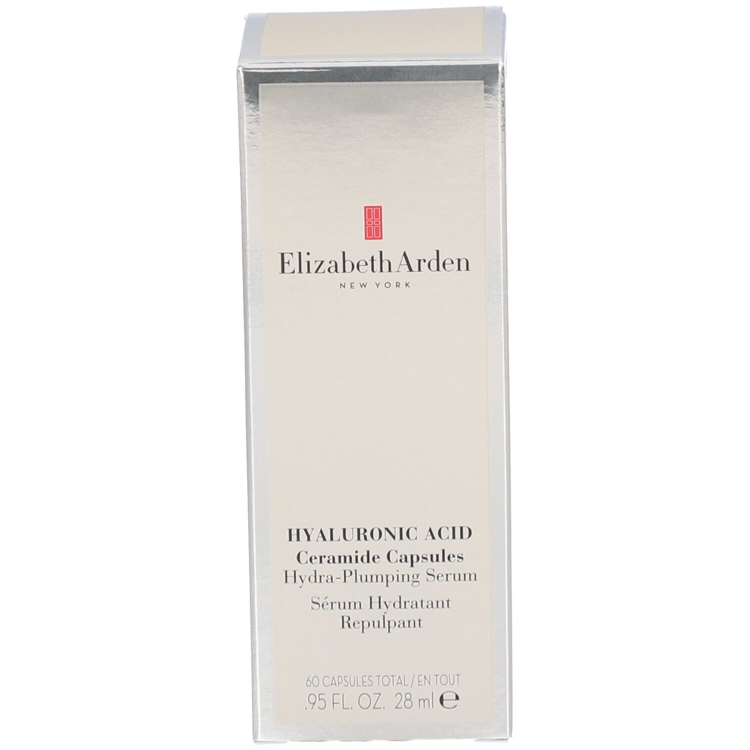 Productverpakking. Opschrift: Elizabeth Arden, Hyaluronic Acid Ceramide Capsules.