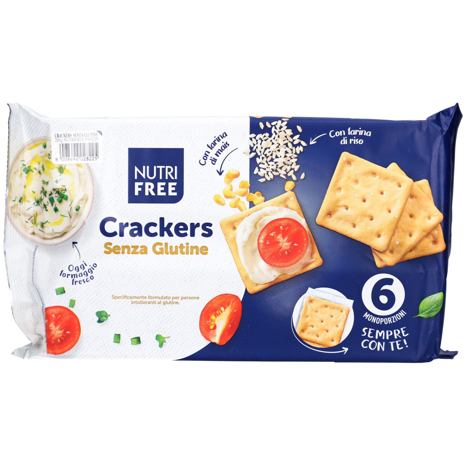 Verpakking NUTRIFREE crackers zonder gluten. Tekst "Crackers Senza Glutine". 6 porties. Illustratie met beleg.