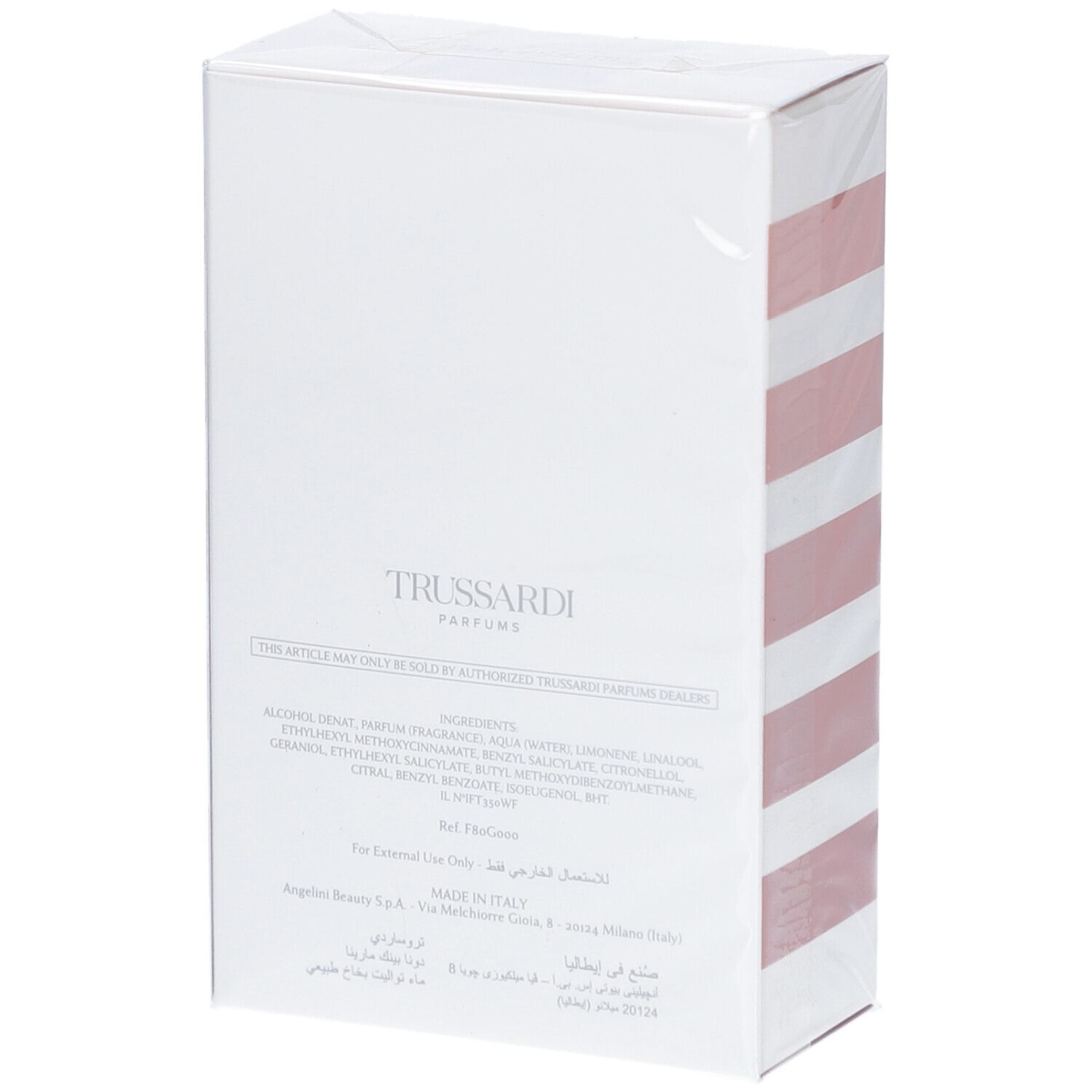 Arrière de l'emballage rayé rose et blanc, Trussardi Donna Pink Marina Eau de Toilette.