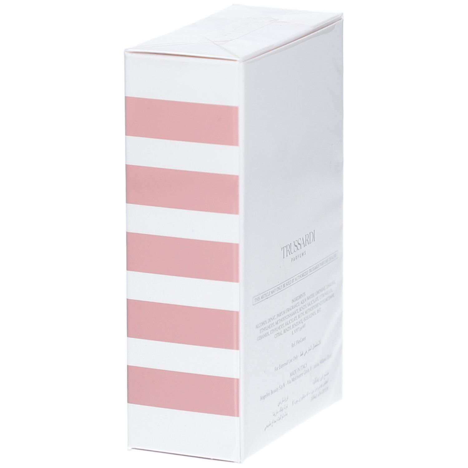 Emballage rayé rose et blanc, Trussardi Donna Pink Marina Eau de Toilette.