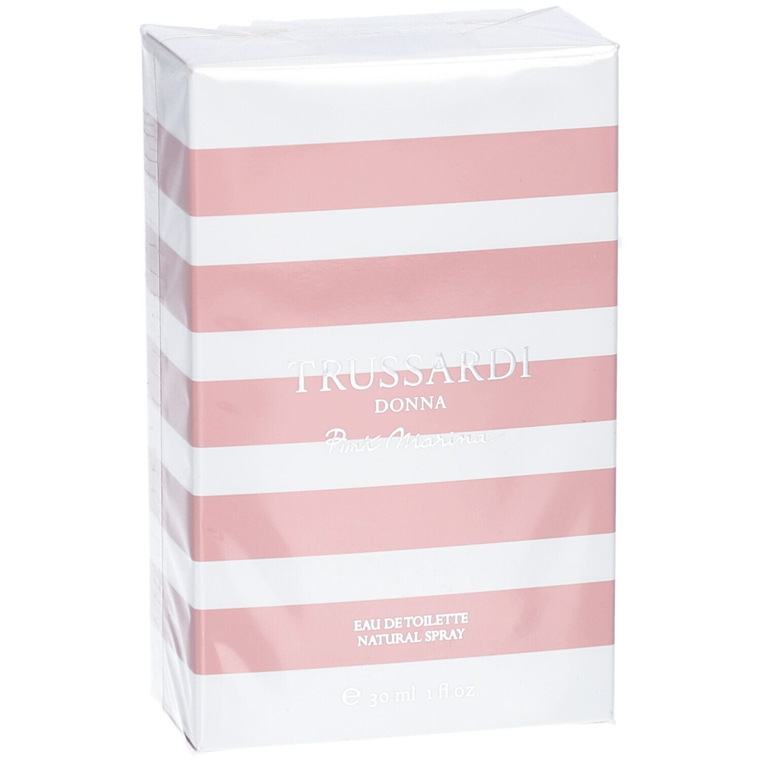 Emballage rayé rose et blanc, Trussardi Donna Pink Marina Eau de Toilette.
