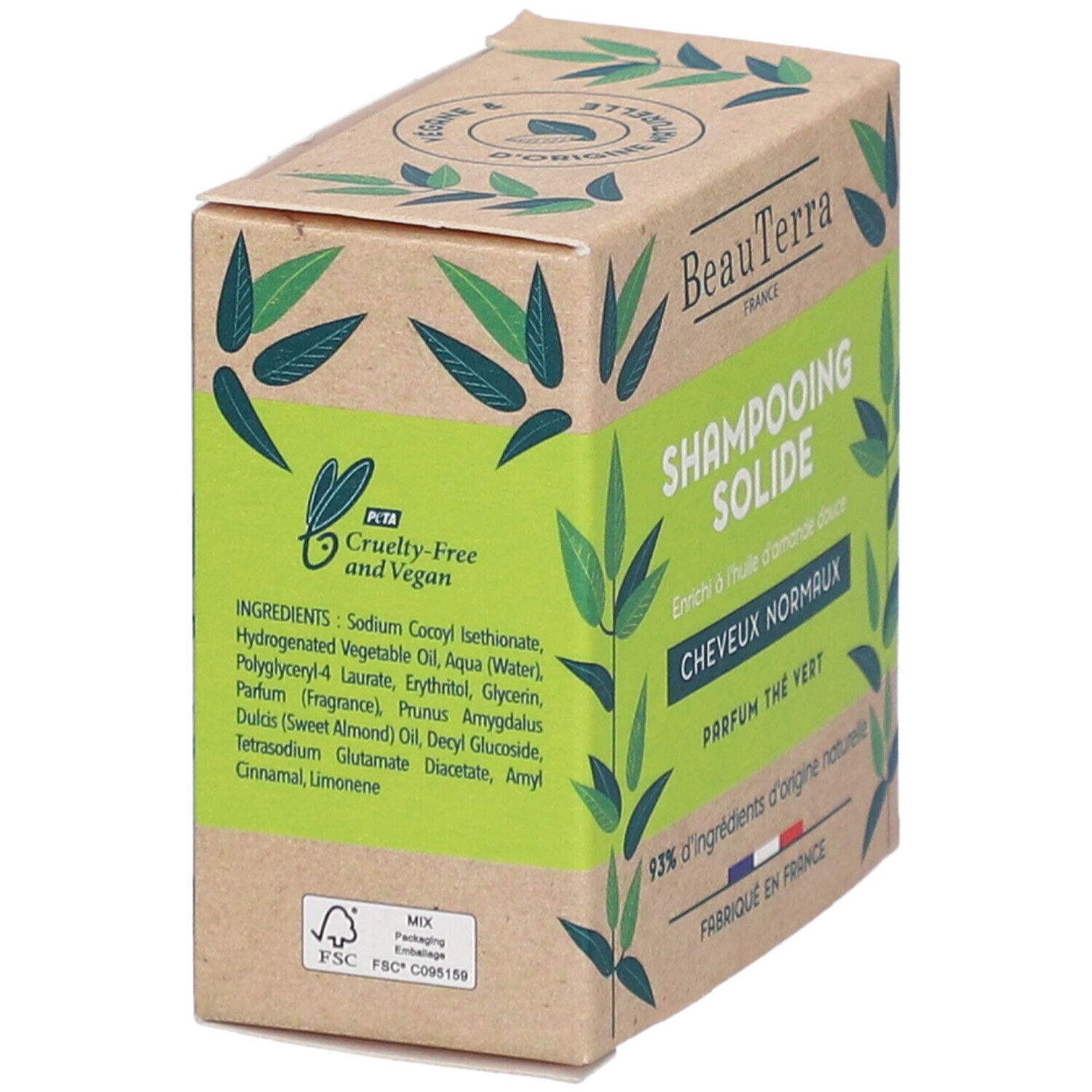 Kartonnen doos met groen etiket. Tekst: BeauTerra, Shampooing Solide, Cheveux Normaux, Parfum Thé Vert. Cruelty-Free and Vegan. Ingrediënten.