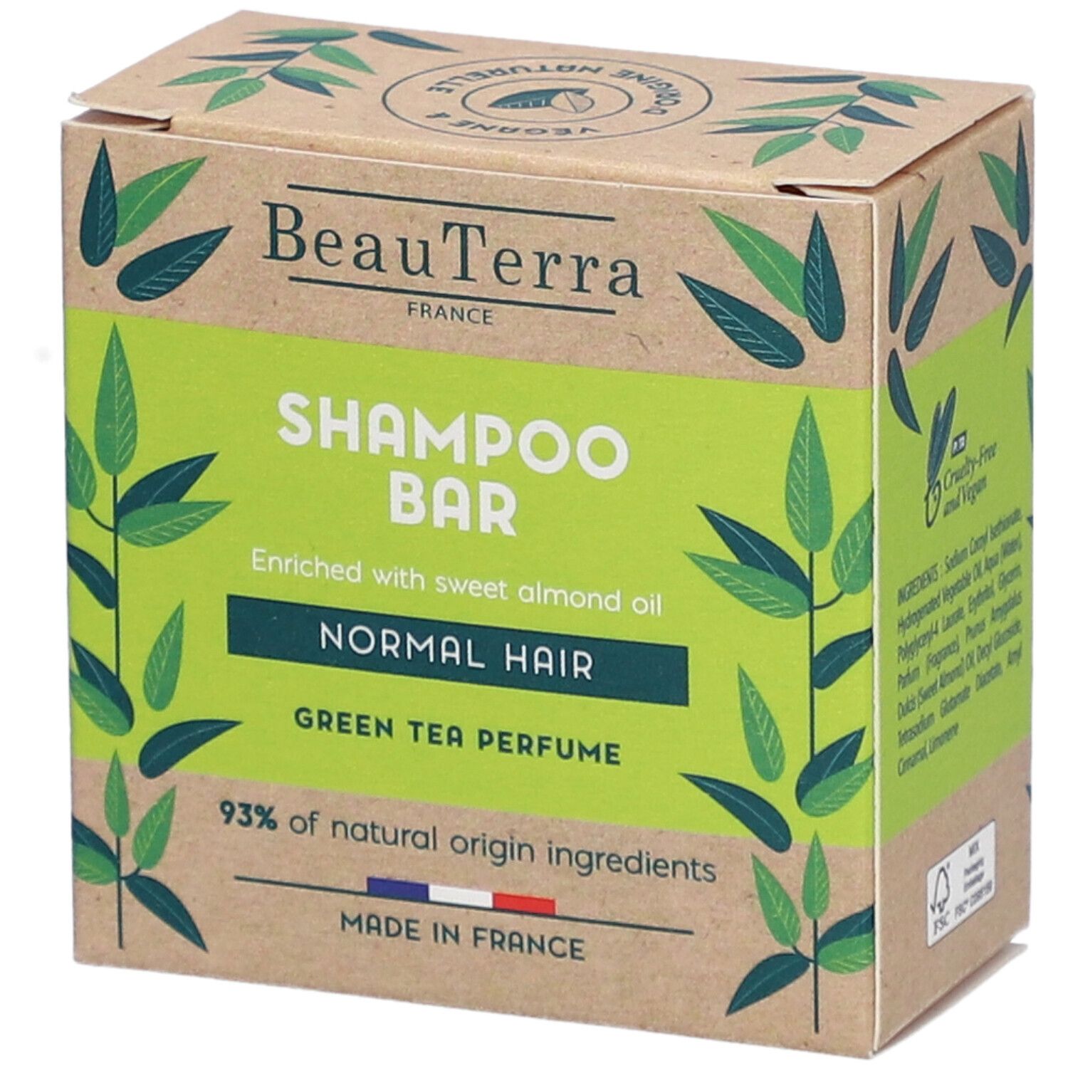 Kartonnen doos met groen etiket. Tekst: BeauTerra, Shampoo Bar, Normal Hair, Green Tea Perfume. 93% of natural origin ingredients. Made in France.