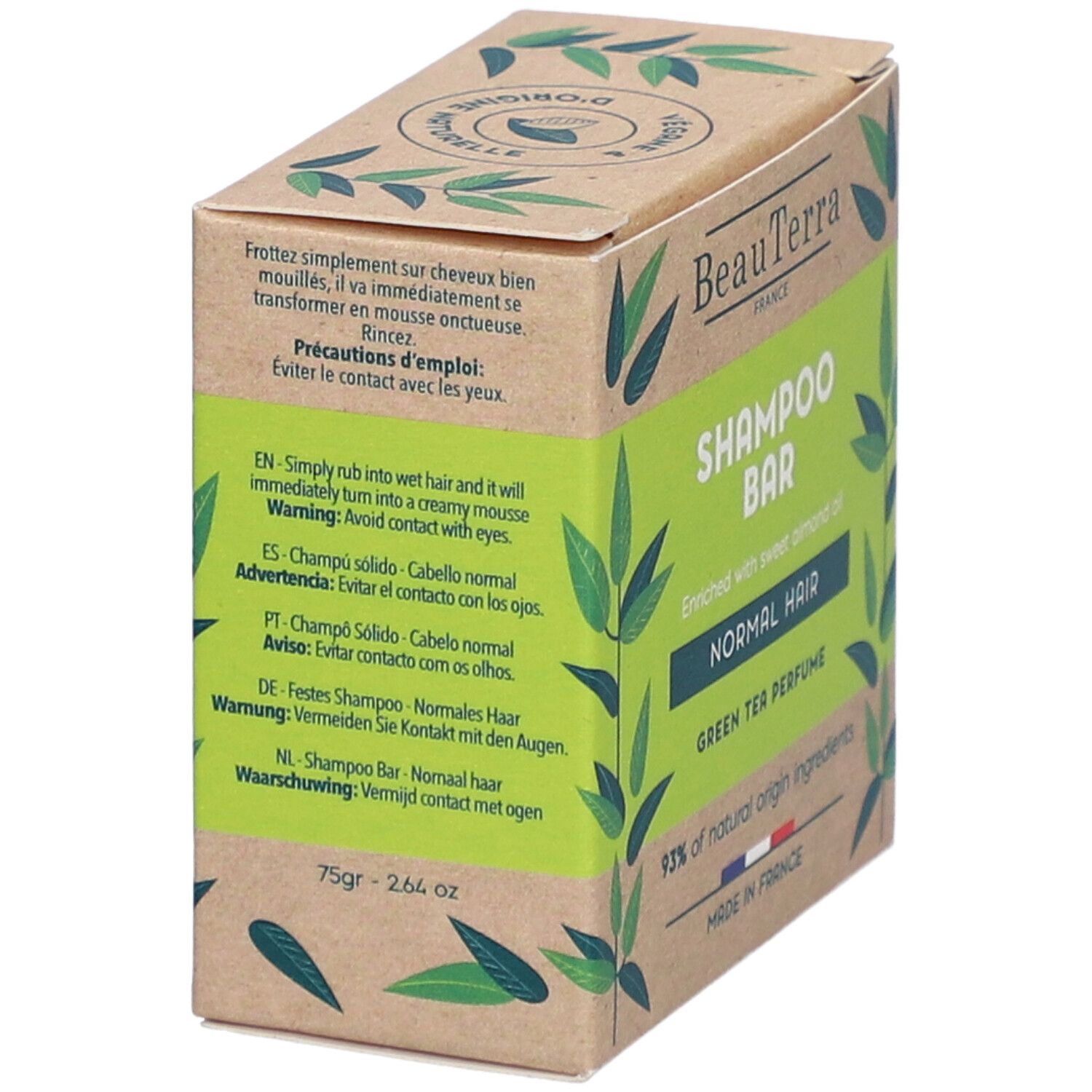 Kartonnen doos met groen etiket. Tekst: Shampoo Bar, Normal Hair, Green Tea Perfume. 75g - 2.64 oz. Gebruiksaanwijzing in meerdere talen.