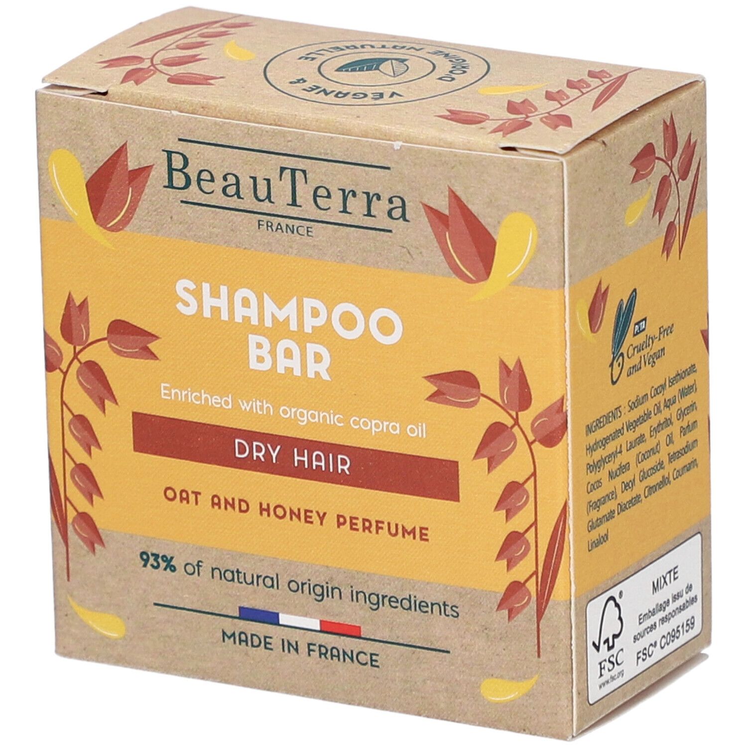 Kartonnen verpakking voor shampoo bar. Tekst: BeauTerra, Shampoo Bar, Droog haar, Haver-honing parfum. FSC-certificering.
