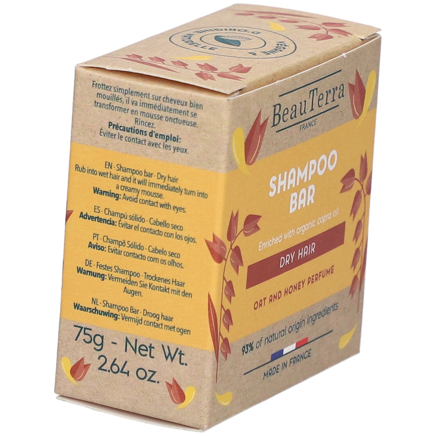 Kartonnen verpakking voor shampoo bar. Tekst: BeauTerra, Shampoo Bar, Droog haar, Haver-honing parfum. 75g, 2.64 oz.