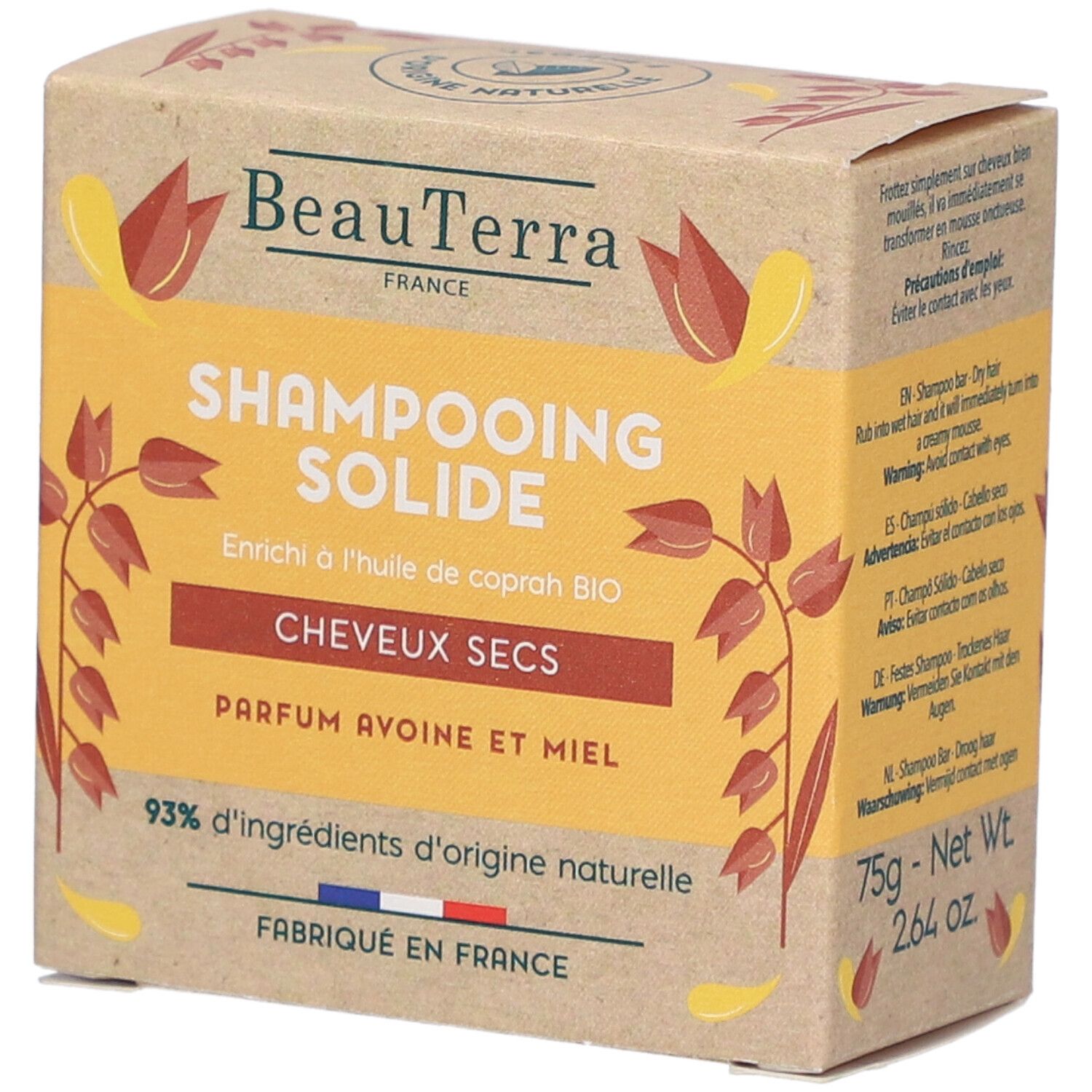 Kartonnen verpakking voor shampooing solide. Tekst: BeauTerra, Shampooing Solide, Droog haar, Haver-honing parfum. 75g, 2.64 oz.