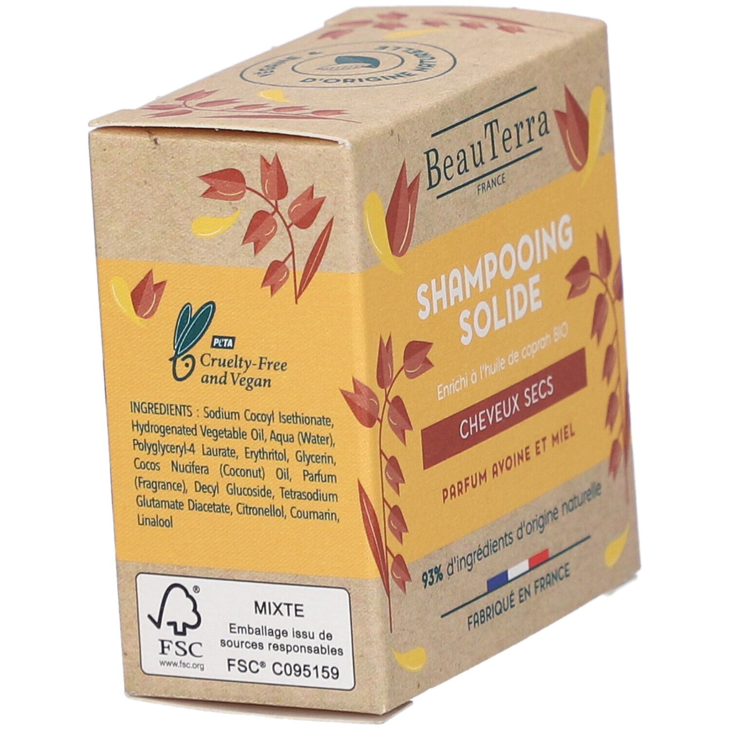 Kartonnen verpakking voor shampooing solide. Tekst: BeauTerra, Shampooing Solide, Droog haar, Haver-honing parfum. Cruelty-Free en Vegan.