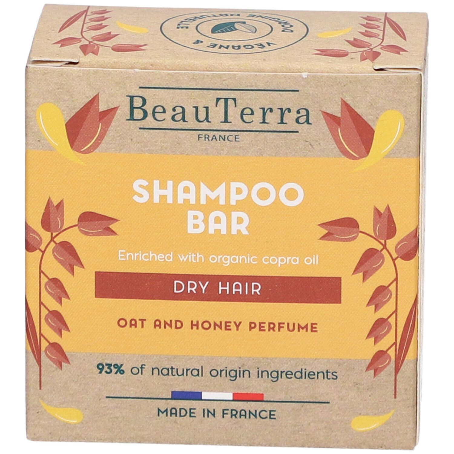 Kartonnen verpakking voor shampoo bar. Tekst: BeauTerra, Shampoo Bar, Droog haar, Haver-honing parfum. 93% natuurlijke ingrediënten.