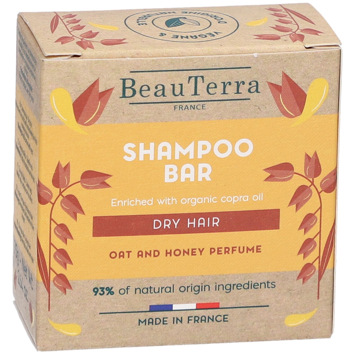 Kartonnen verpakking voor shampoo bar. Tekst: BeauTerra, Shampoo Bar, Droog haar, Haver-honing parfum. Gemaakt in Frankrijk.