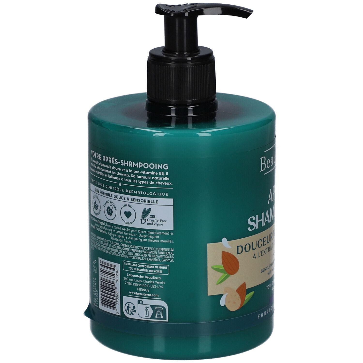 Groene fles met zwarte pomp. Opschriften en tekst op de achterkant. Bevat informatie over ingrediënten en certificeringen.