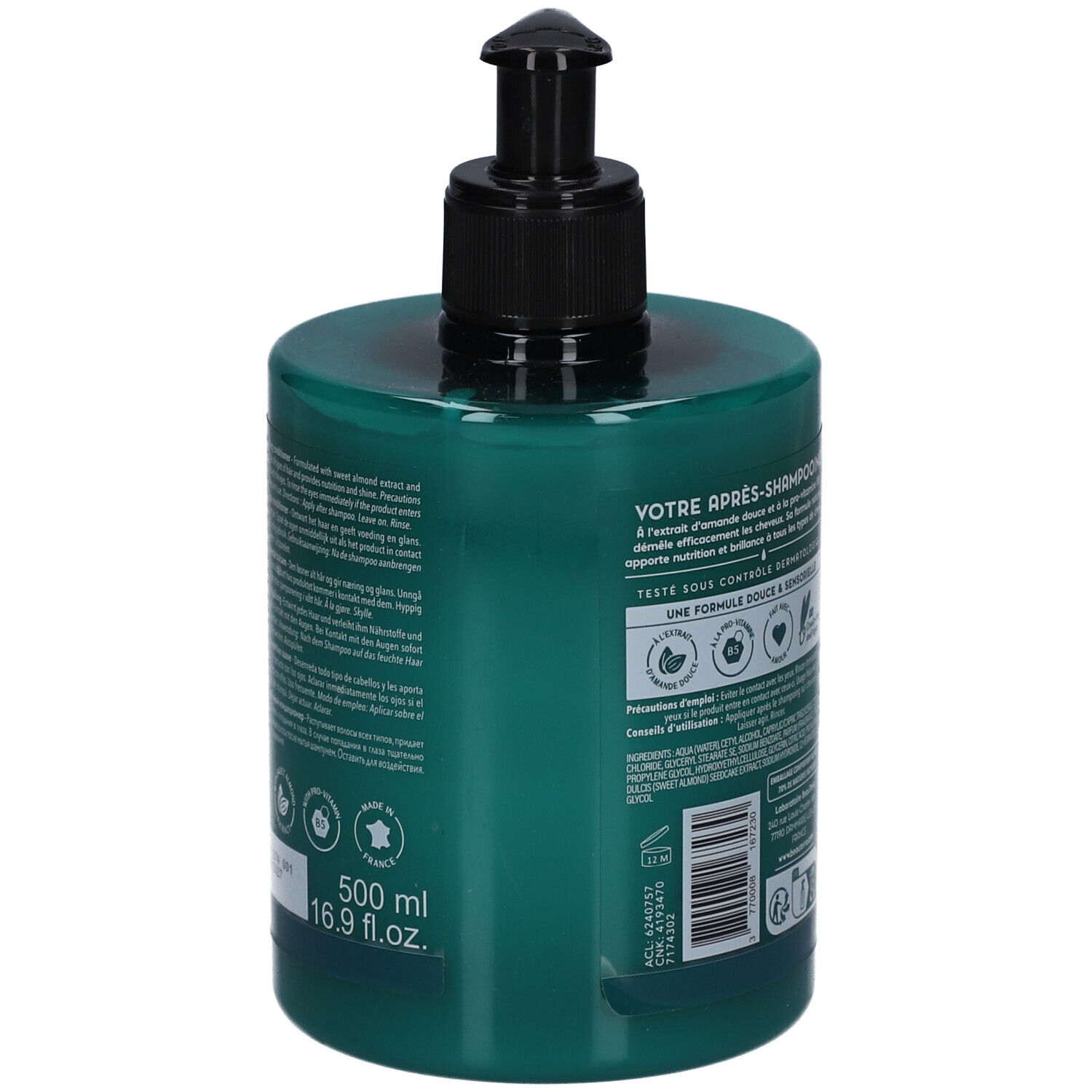 Groene fles met zwarte pomp. Opschriften en tekst op de achterkant. Volume: 500 ml, 16.9 fl.oz.