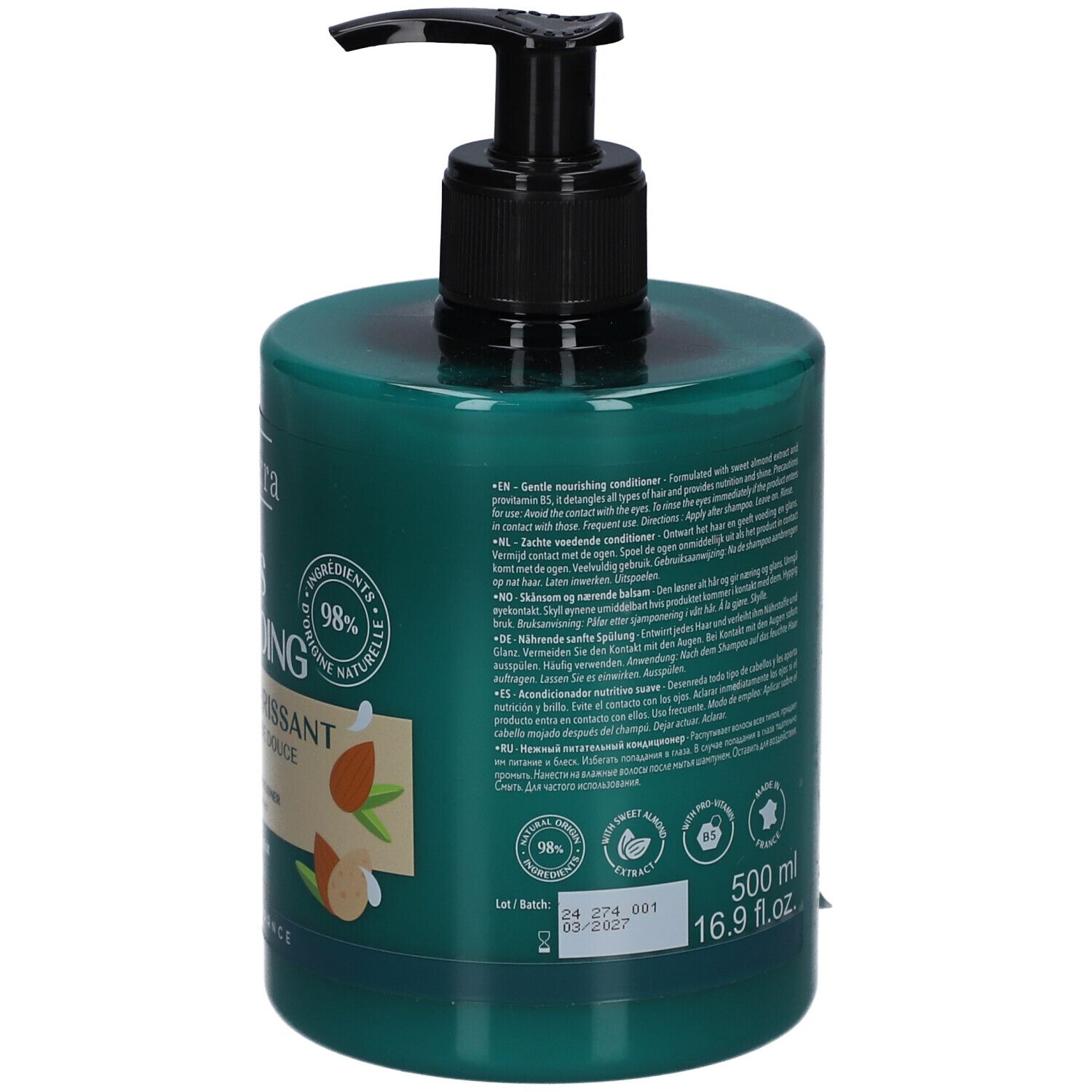 Groene fles met zwarte pomp. Opschriften en tekst op de achterkant. Volume: 500 ml, 16.9 fl.oz. Houdbaarheidsdatum.