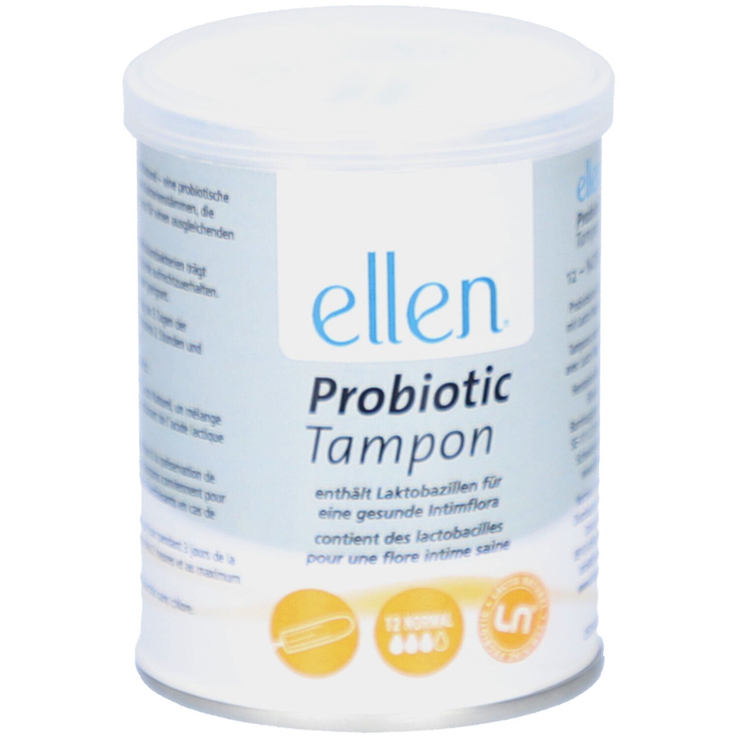 Cilindrische doos "ellen Probiotic Tampon". Bevat 12 tampons. Opschrift: "12 NORMAL".