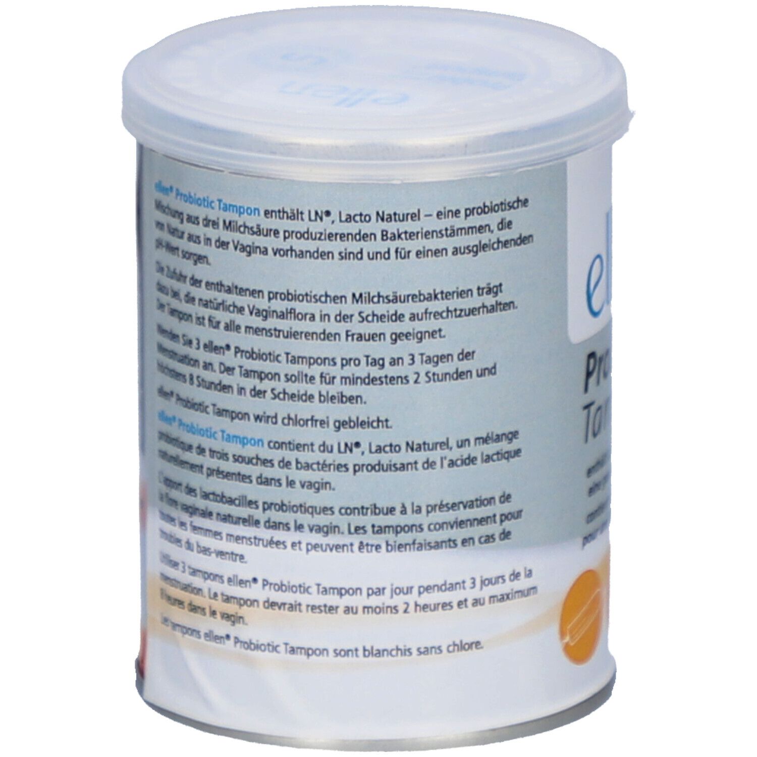 Achterkant van de doos "ellen Probiotic Tampon". Tekstinformatie in het Duits, Frans en Italiaans.