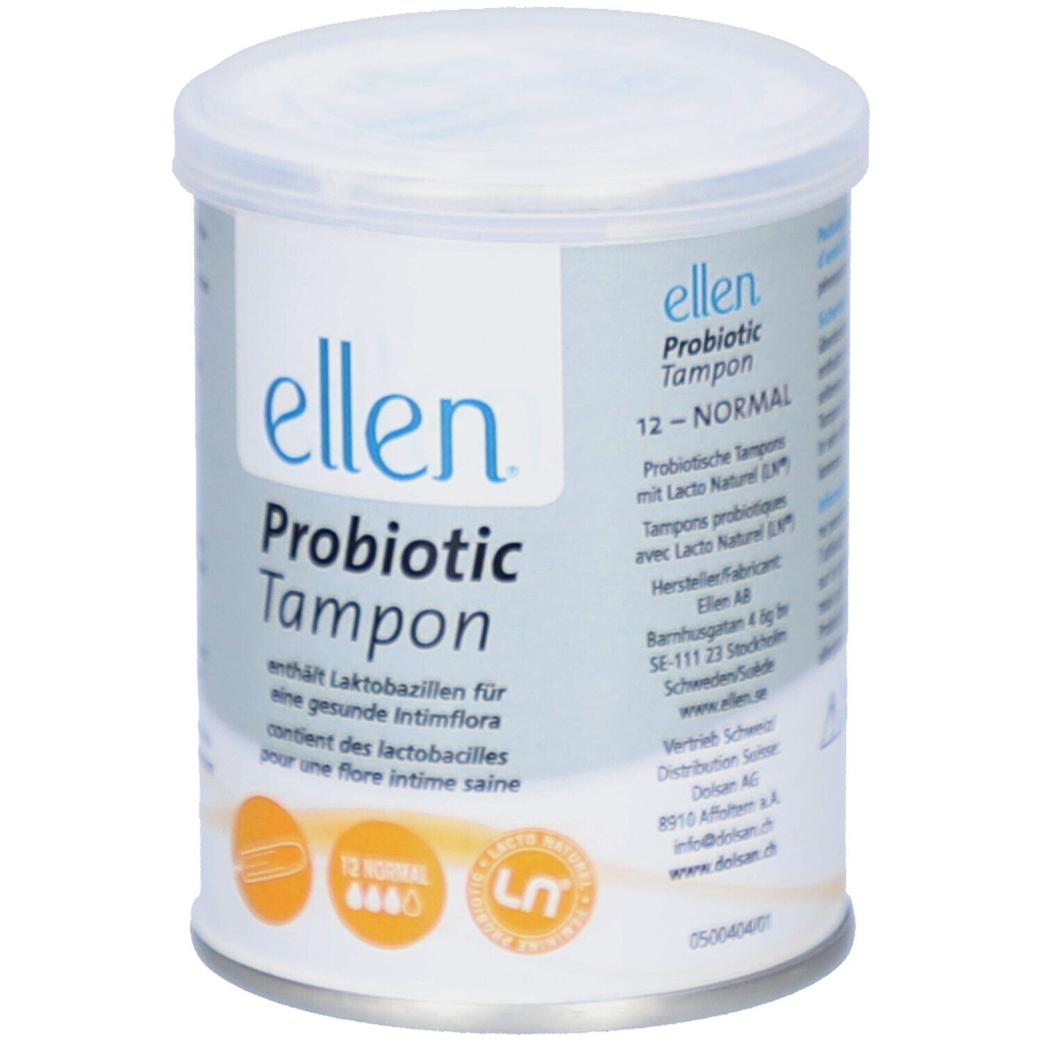 Cilindrische doos "ellen Probiotic Tampon". Opschrift: "12-NORMAL". Bevat 12 tampons.