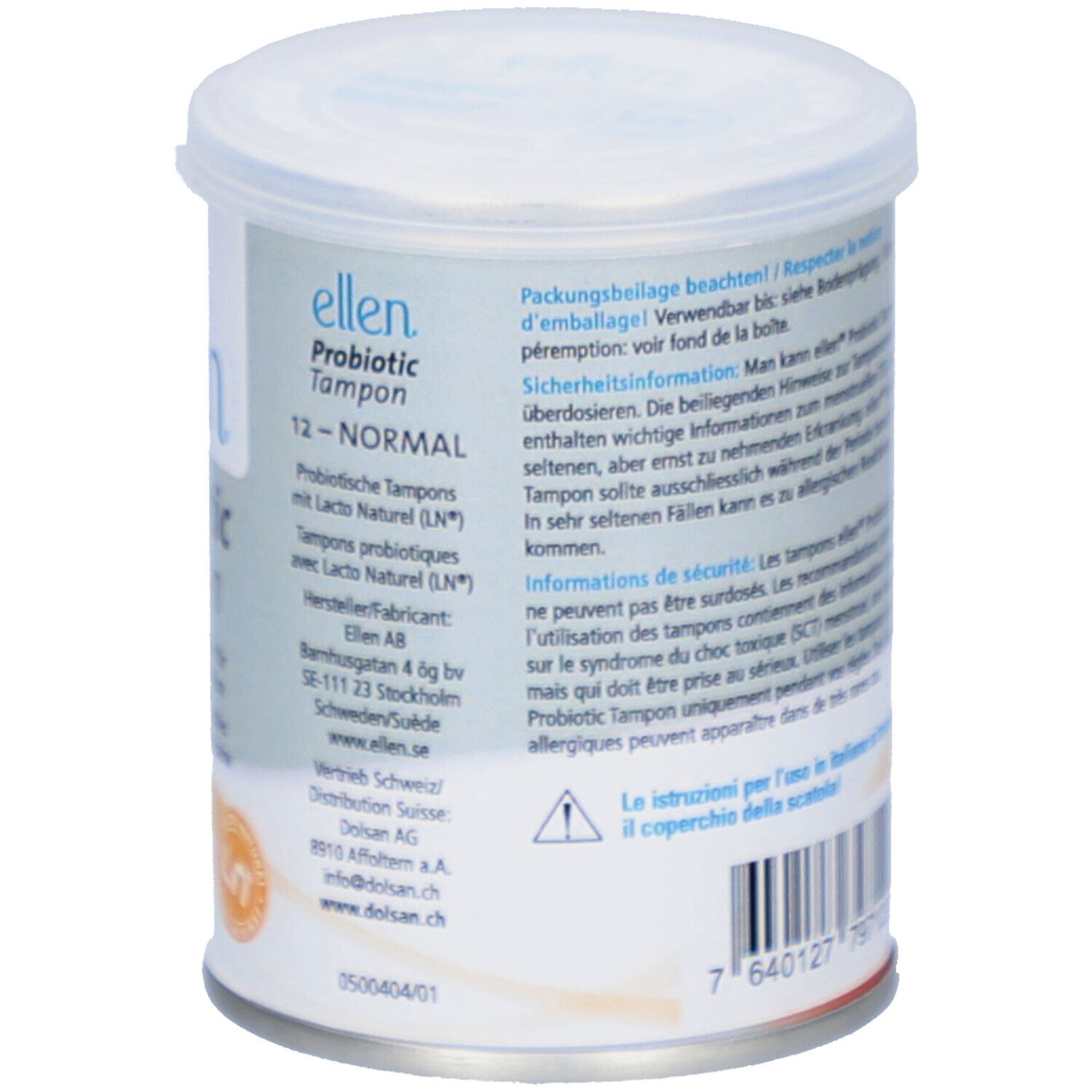 Achterkant van de doos "ellen Probiotic Tampon". Tekstinformatie en barcode.