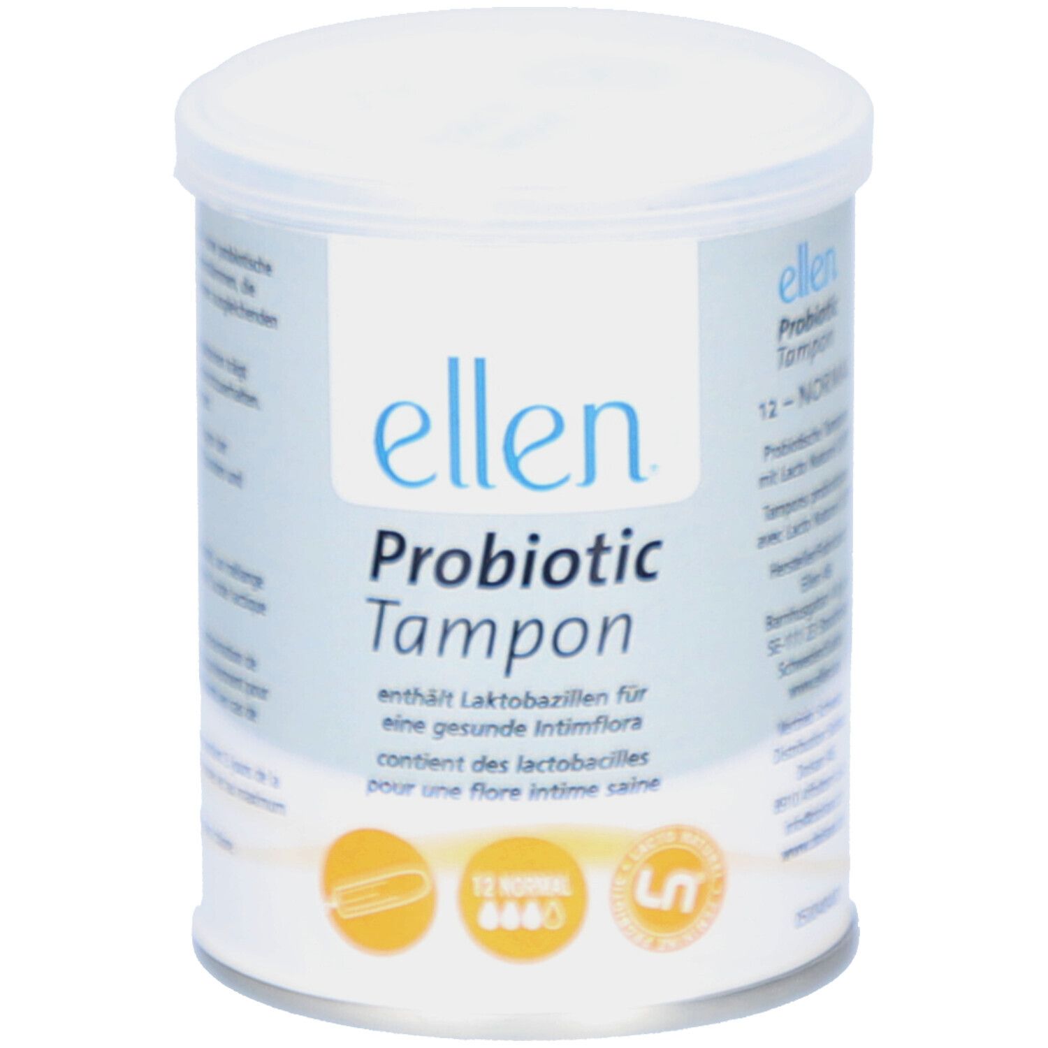 Cilindrische doos "ellen Probiotic Tampon". Bevat 12 tampons. Opschrift: "12 NORMAL".