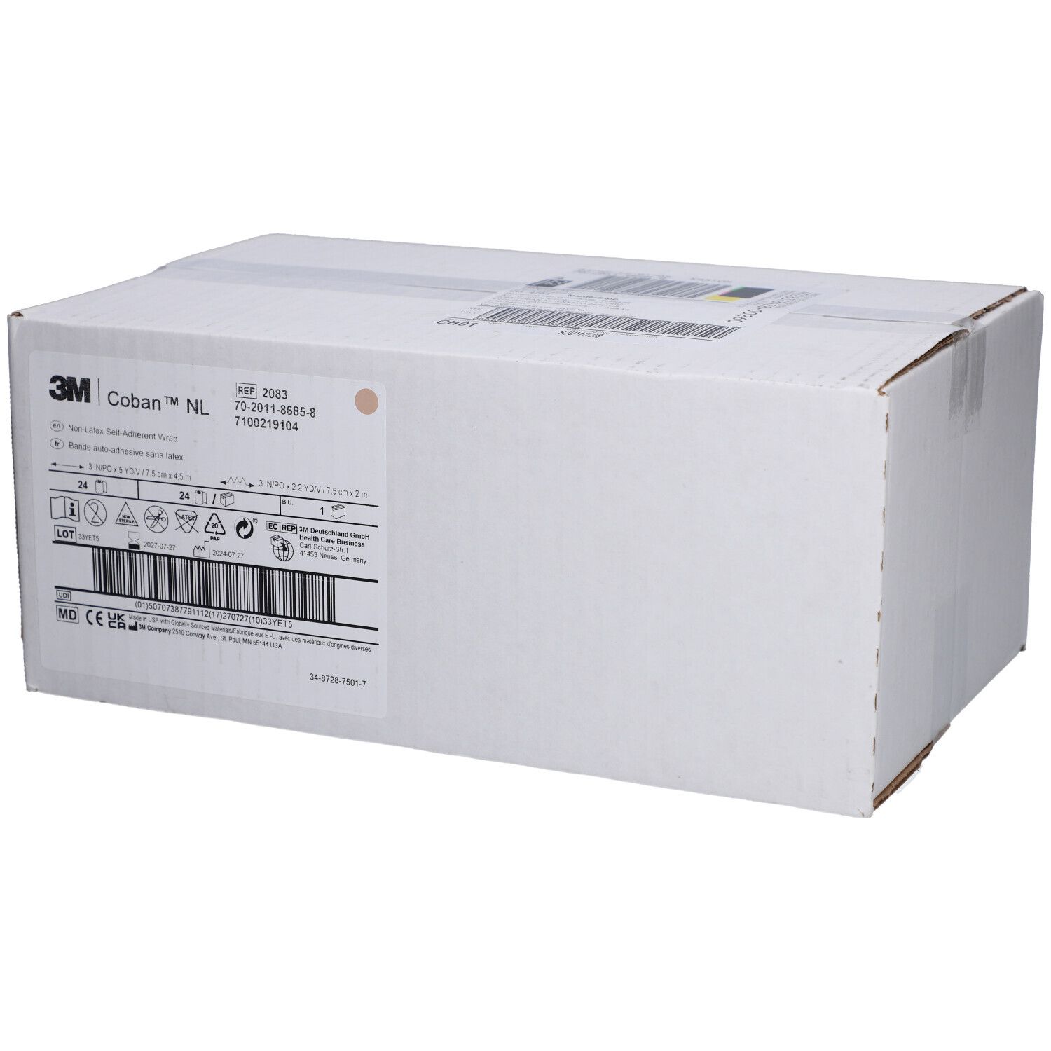 Emballage en carton blanc avec logo 3M Coban NL et informations produit. Étiquette avec code-barres et données techniques.