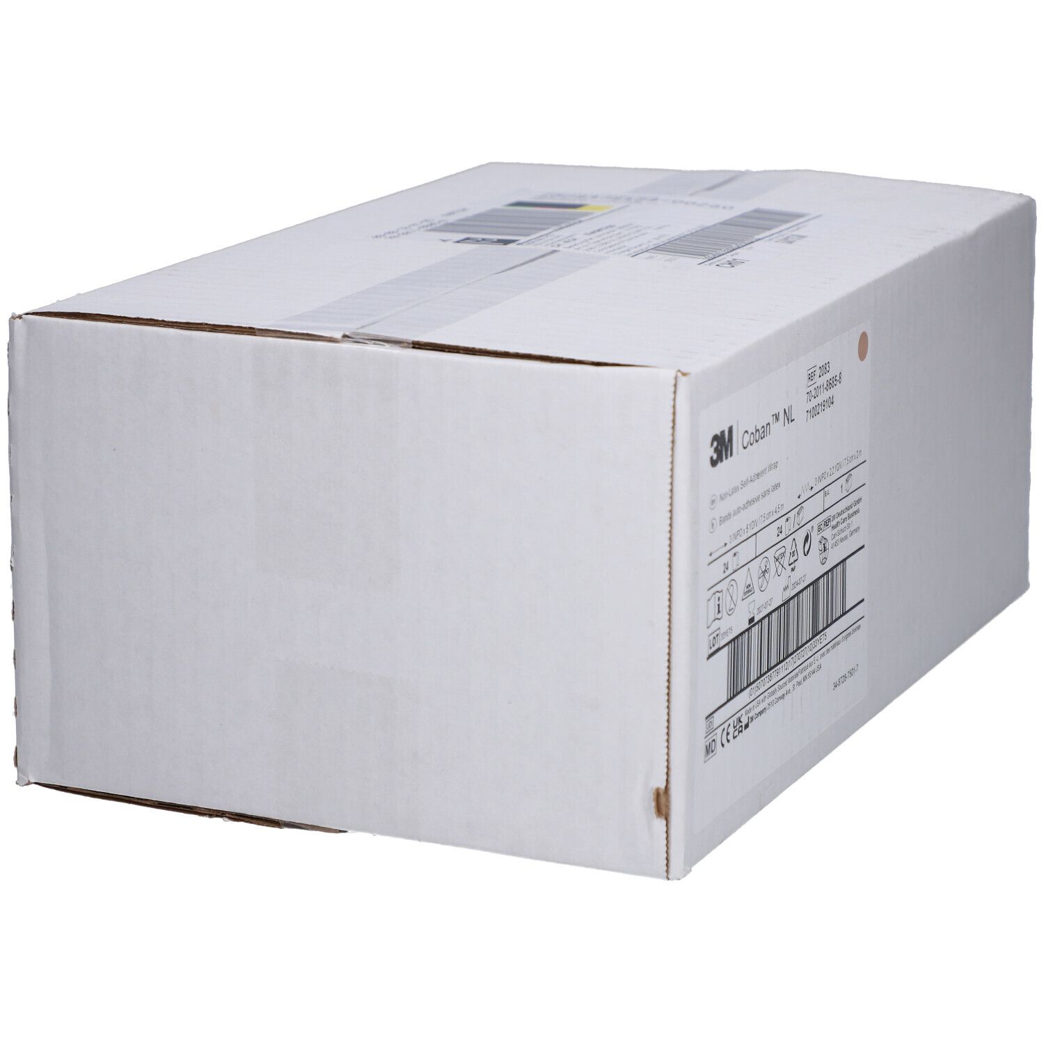Emballage en carton blanc avec logo 3M Coban NL. Code-barres et données techniques sur l'emballage.