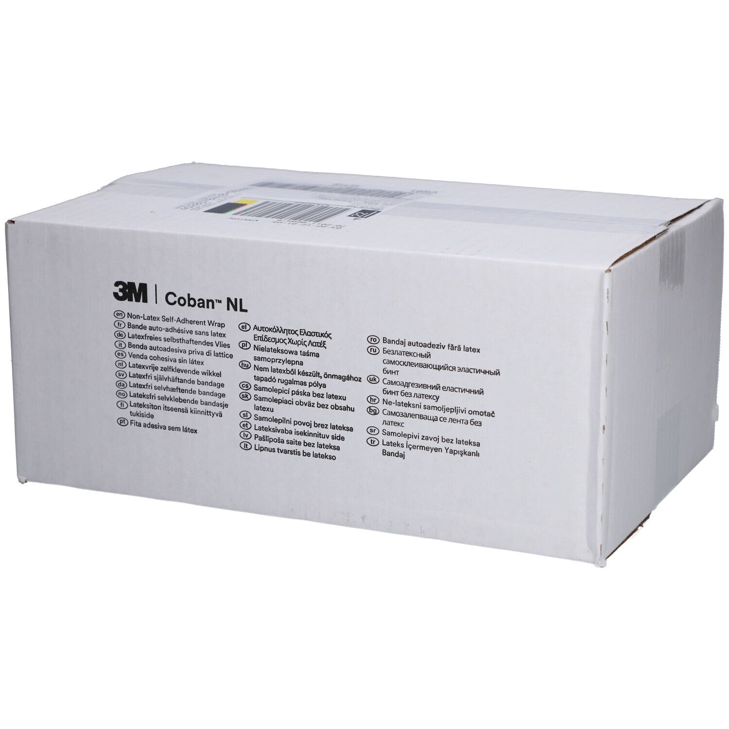 Emballage en carton blanc avec logo 3M Coban NL et descriptions multilingues. Code-barres visible.