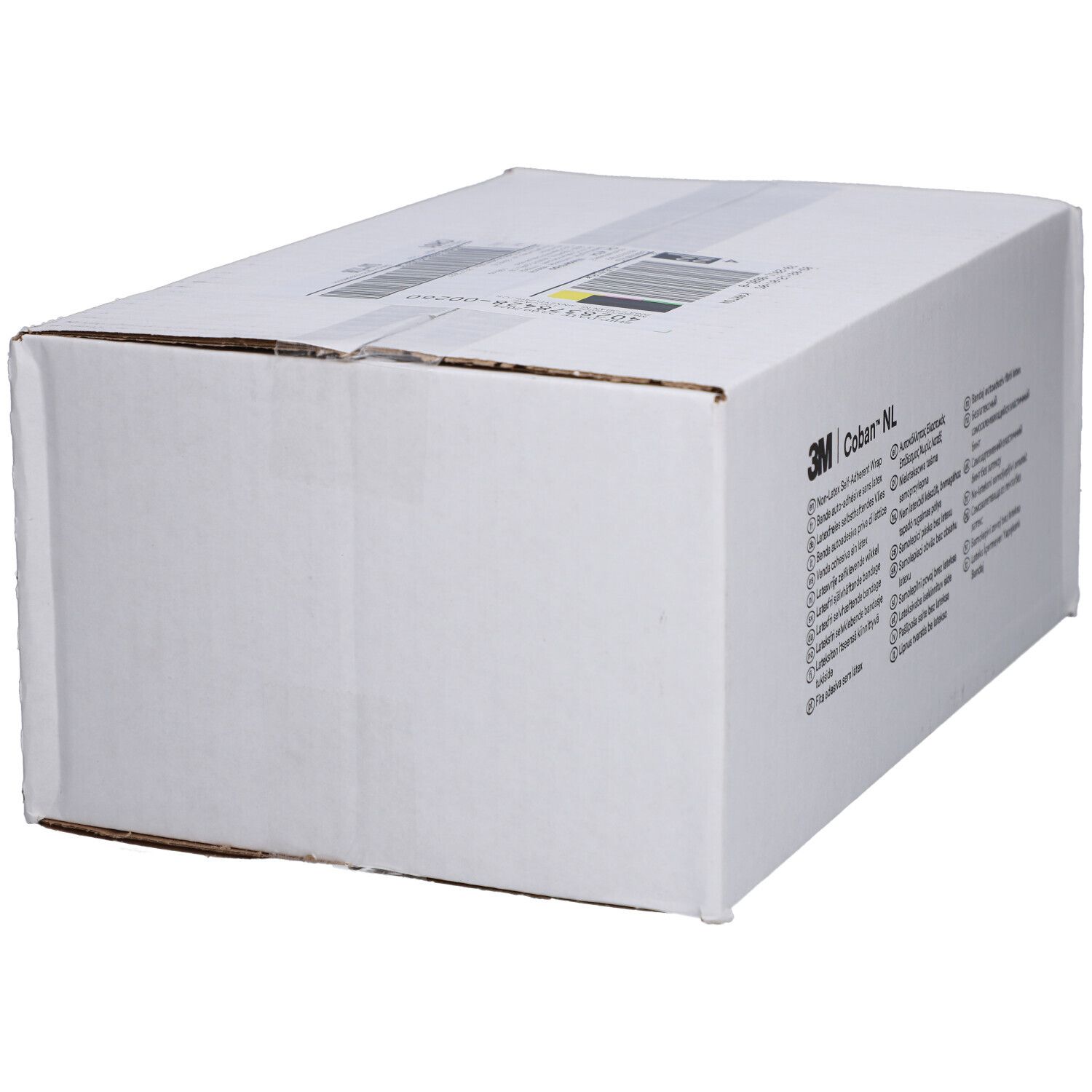 Emballage en carton blanc avec logo 3M Coban NL. Code-barres et données techniques sur l'emballage.