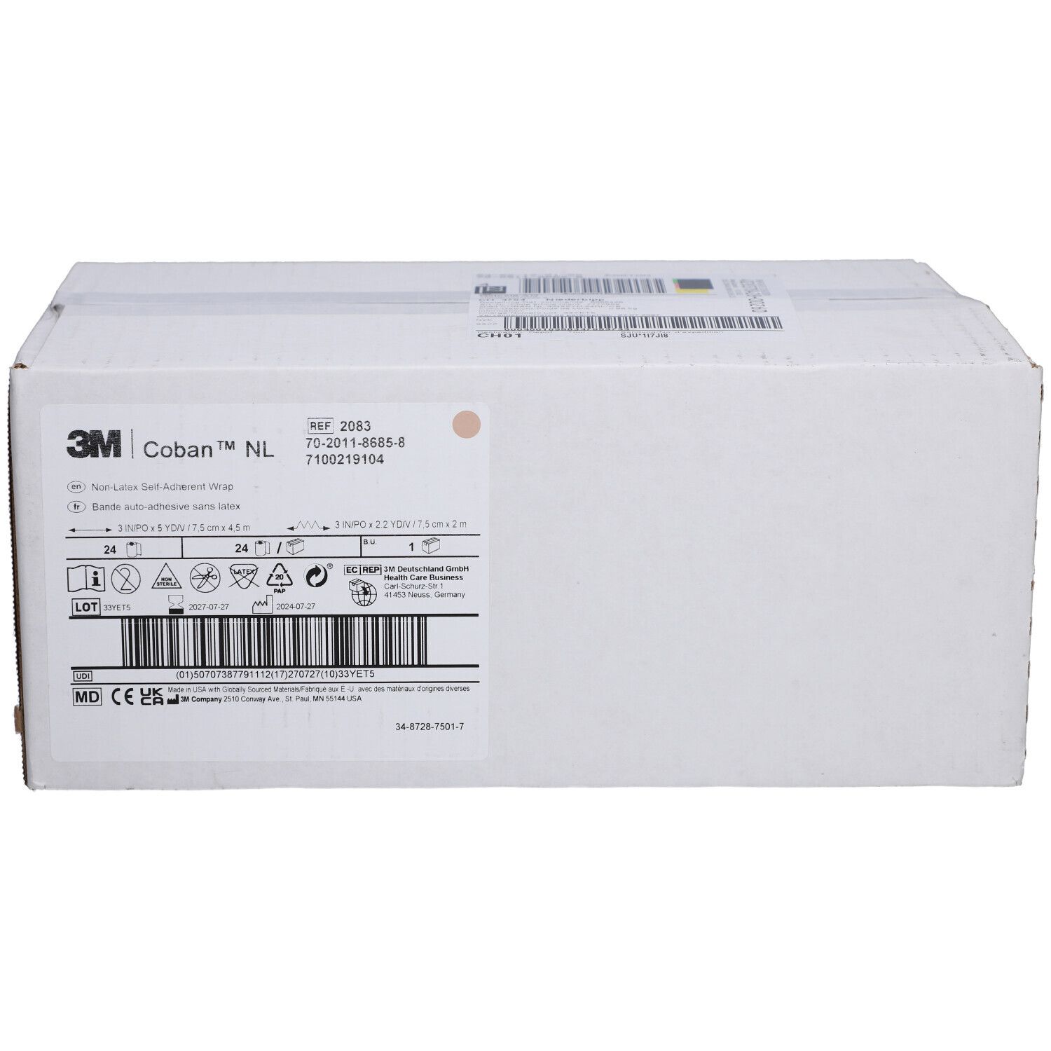 Emballage en carton blanc avec logo 3M Coban NL et informations produit. Étiquette avec code-barres et données techniques.