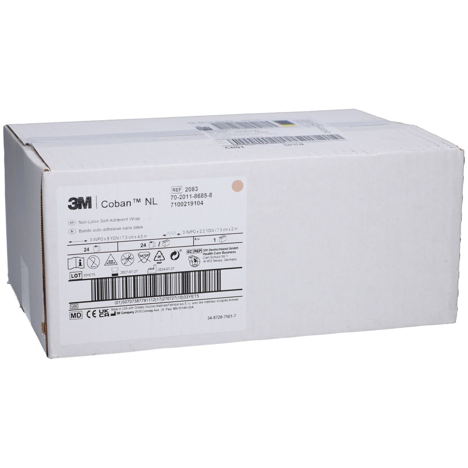 Emballage en carton blanc avec logo 3M Coban NL et informations produit. Étiquette avec code-barres et données techniques.