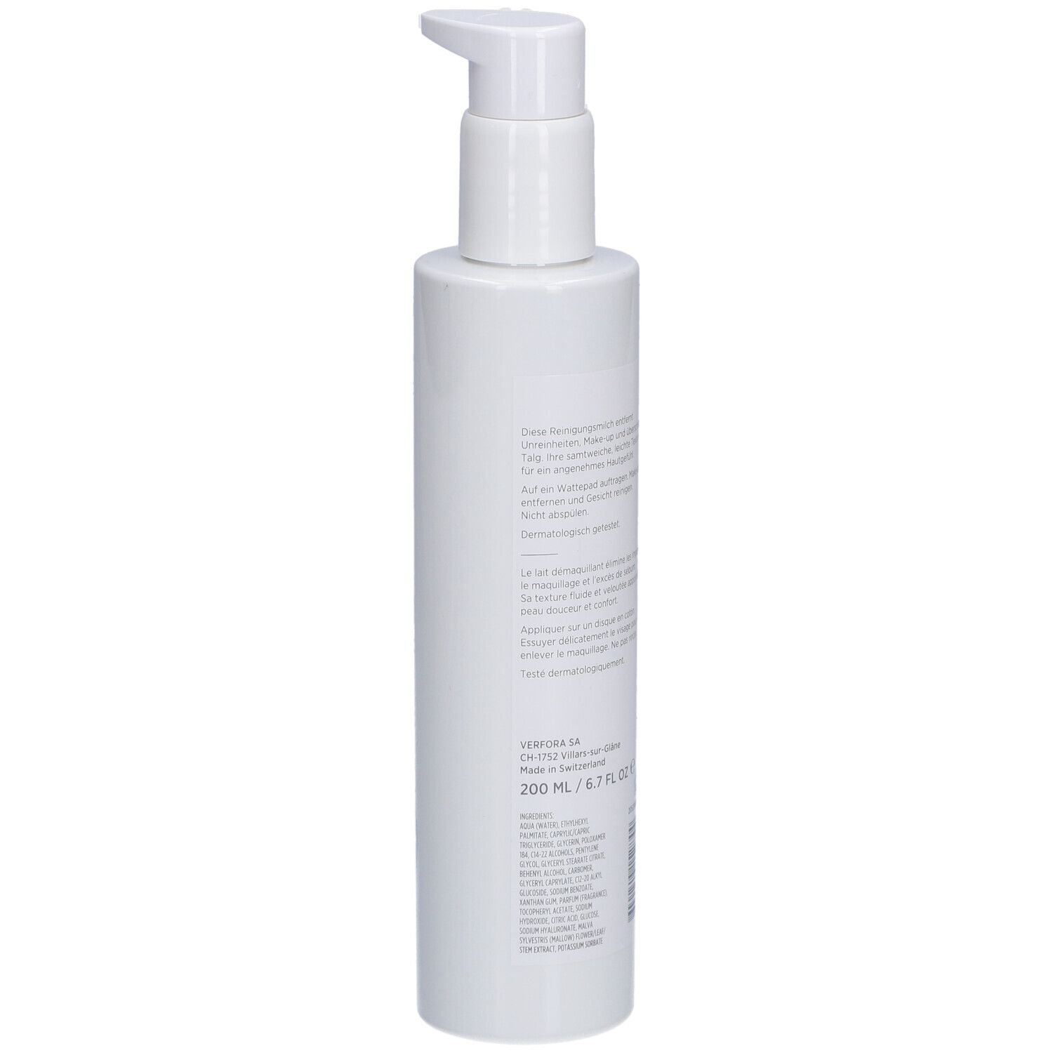 Witte fles met pomp. Tekst op de achterkant. Volume: 200 ml. Streepjescode.