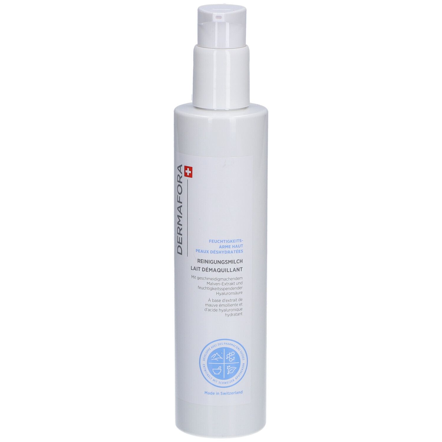 Witte fles met pomp. Opschrift: Dermafora, REINIGINGSMELK, LAT DEMAQUILLANT. Zwitsers kruis. Blauwe cirkel.