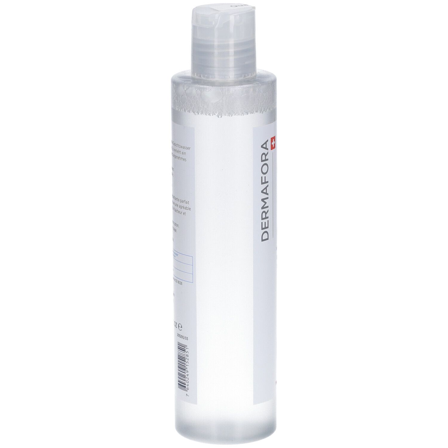 Transparante fles met wit etiket. Dermafora-logo, Zwitsers kruis, Lotion Tonique. Met veiligheidsdop.