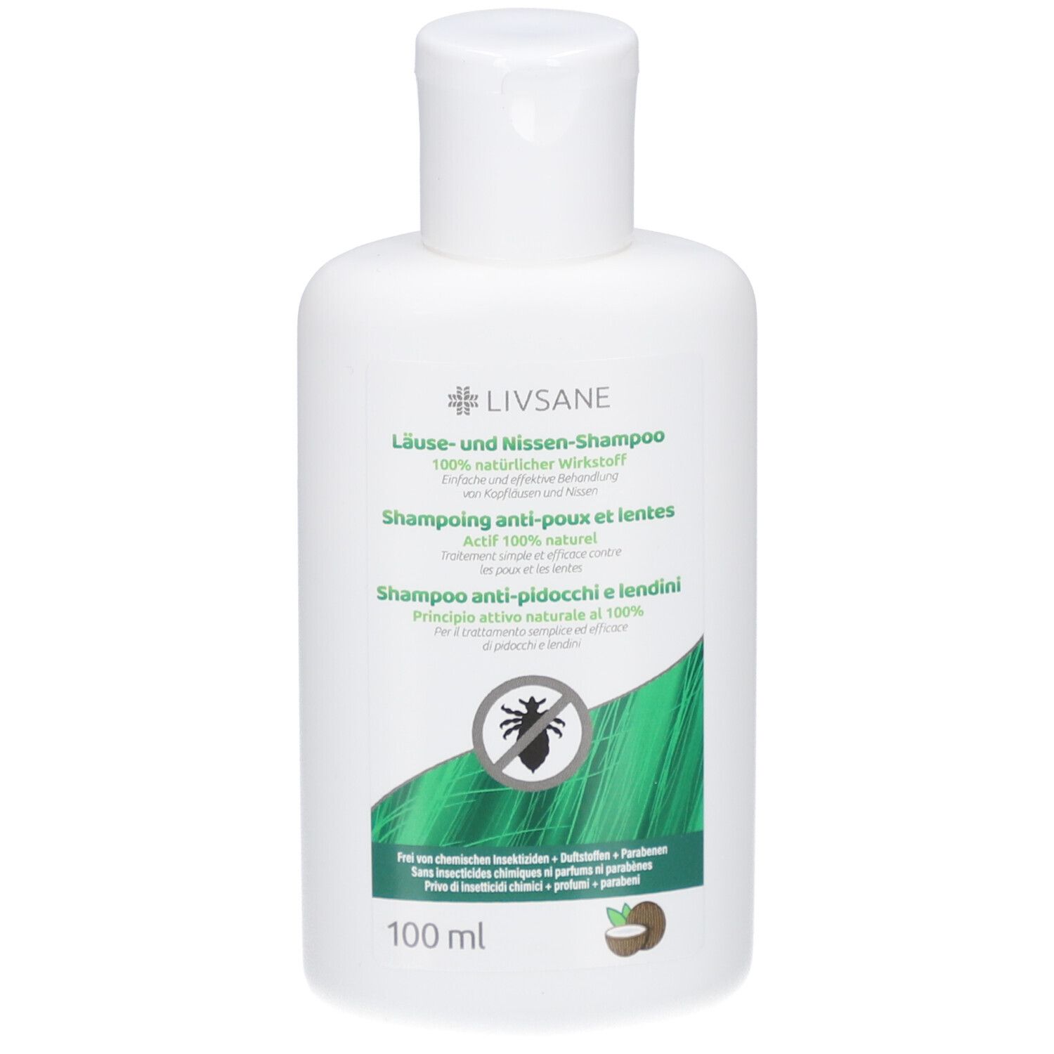 Witte fles met groen etiket. Tekst: Shampoo tegen luizen en neten, 100% natuurlijk actief. Afbeelding van een luis.
