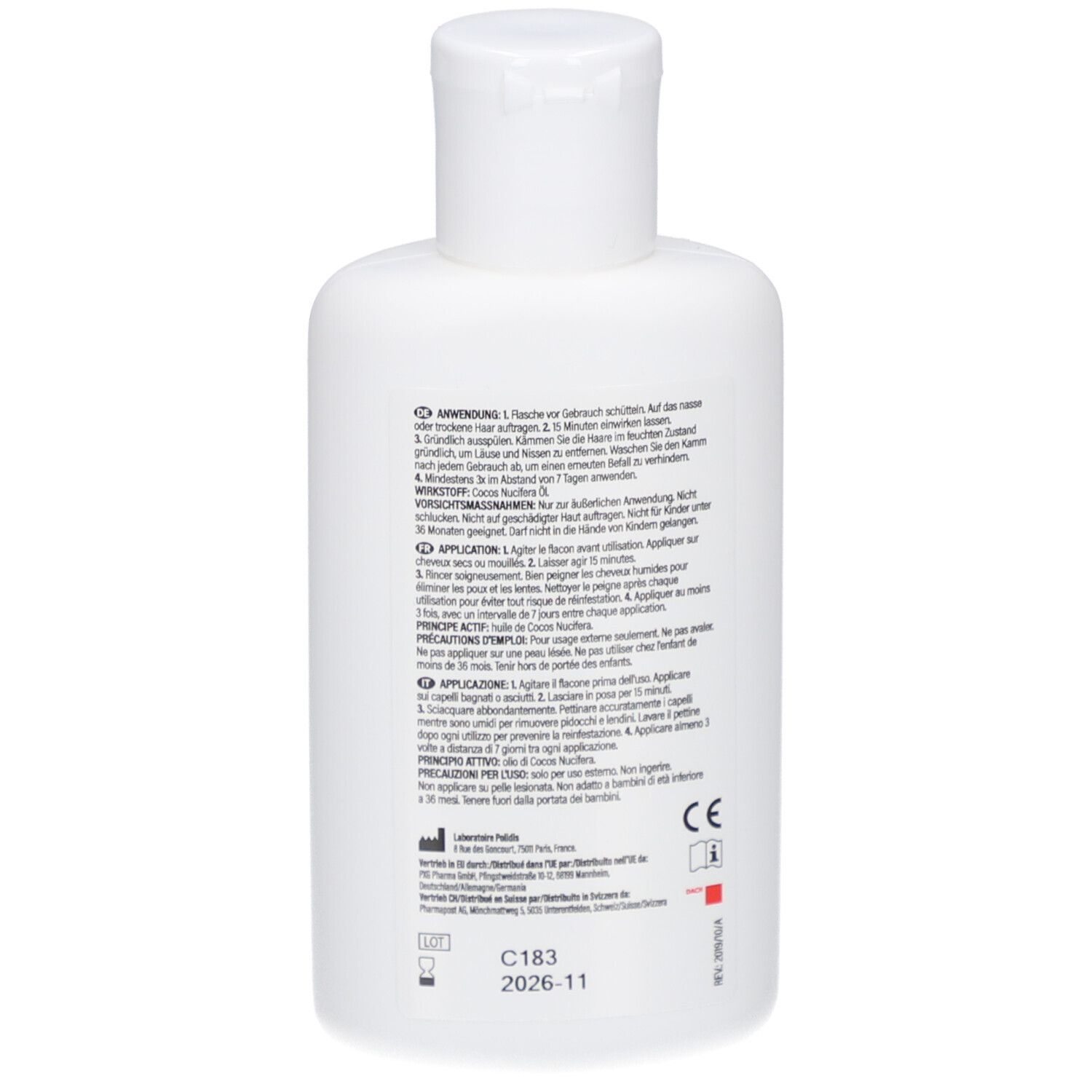 Achterkant van de witte fles. Tekst in meerdere talen: Gebruiksaanwijzing, voorzorgsmaatregelen, ingrediënten, CE-markering.