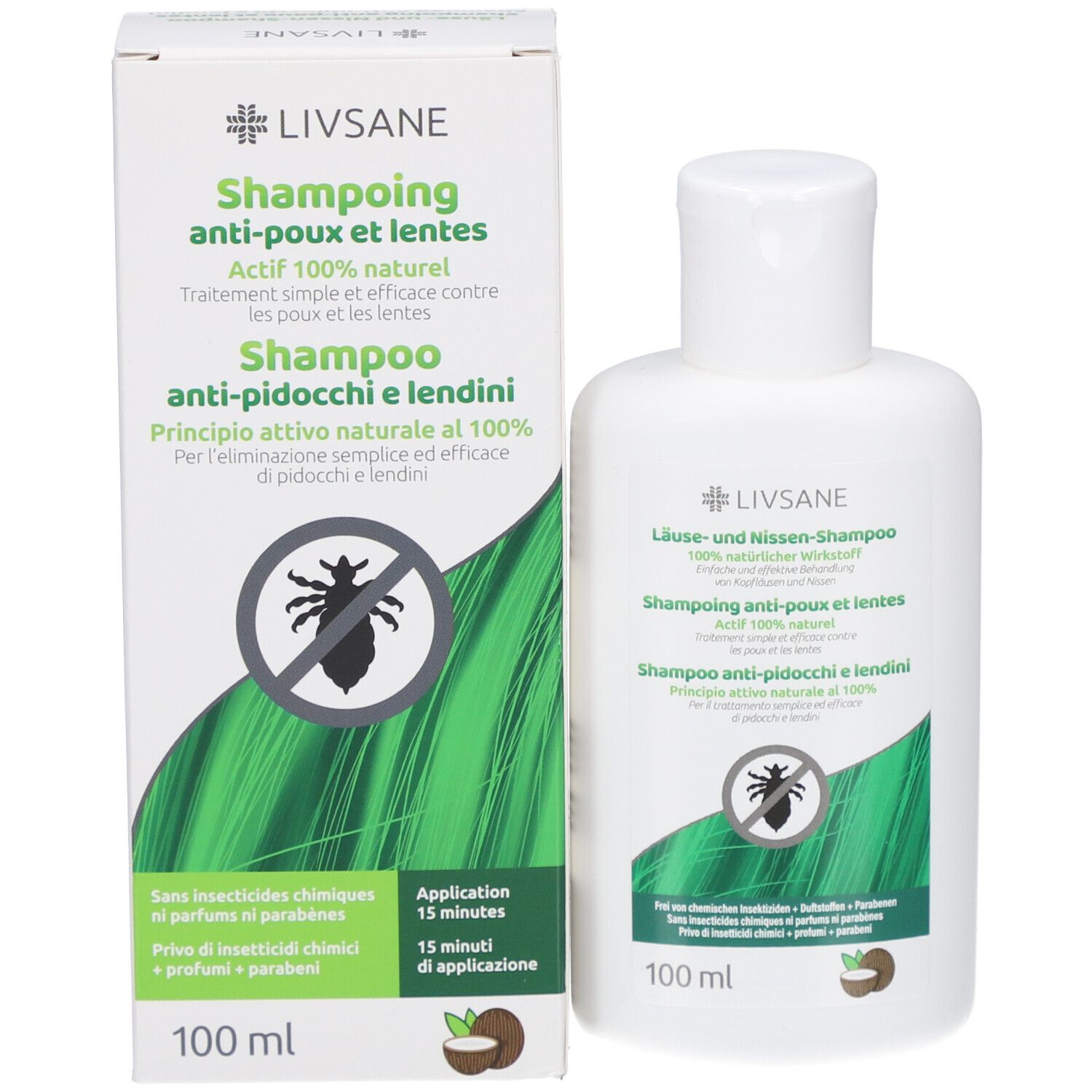 Productverpakking met fles. Tekst: Shampoo tegen luizen en neten, 100% natuurlijk. Afbeelding van een luis. 100 ml.