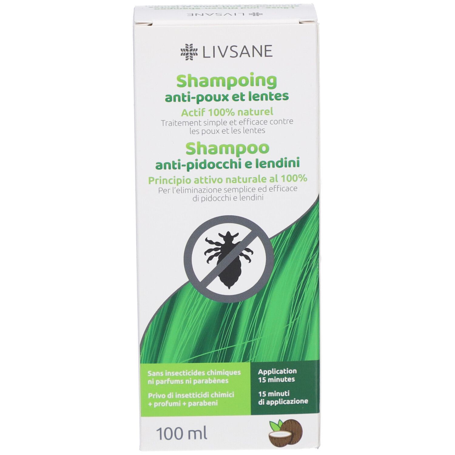 Productverpakking. Tekst: Shampoo tegen luizen en neten, 100% natuurlijk. Afbeelding van een luis. 100 ml. Zonder insecticiden.