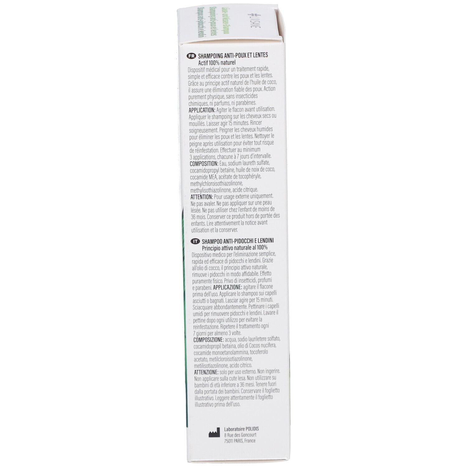 Productverpakking, zijaanzicht. Tekst: Shampoo tegen luizen en neten. Gebruiksaanwijzing in meerdere talen.