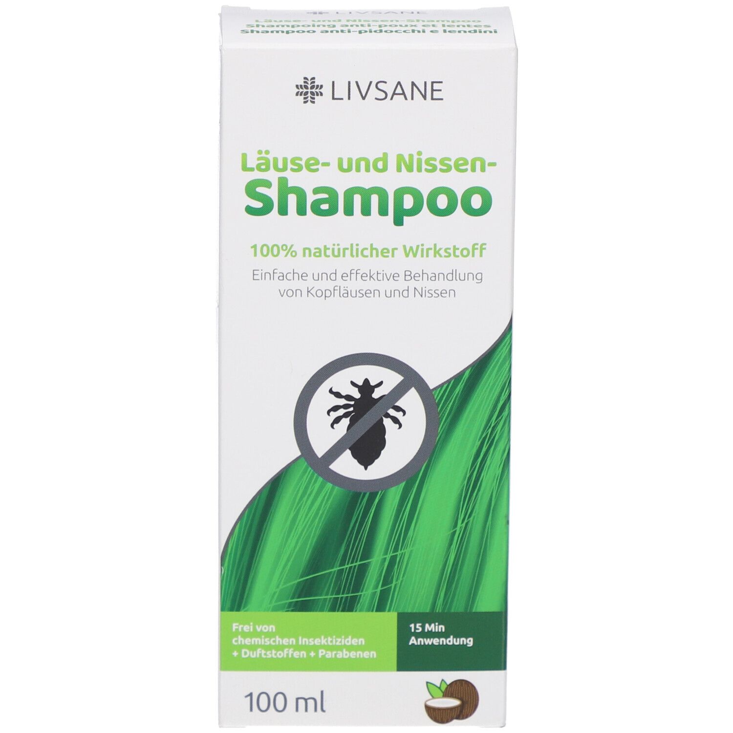 Productverpakking. Tekst: Shampoo tegen luizen en neten, 100% natuurlijk actief. Afbeelding van een luis. 100 ml.