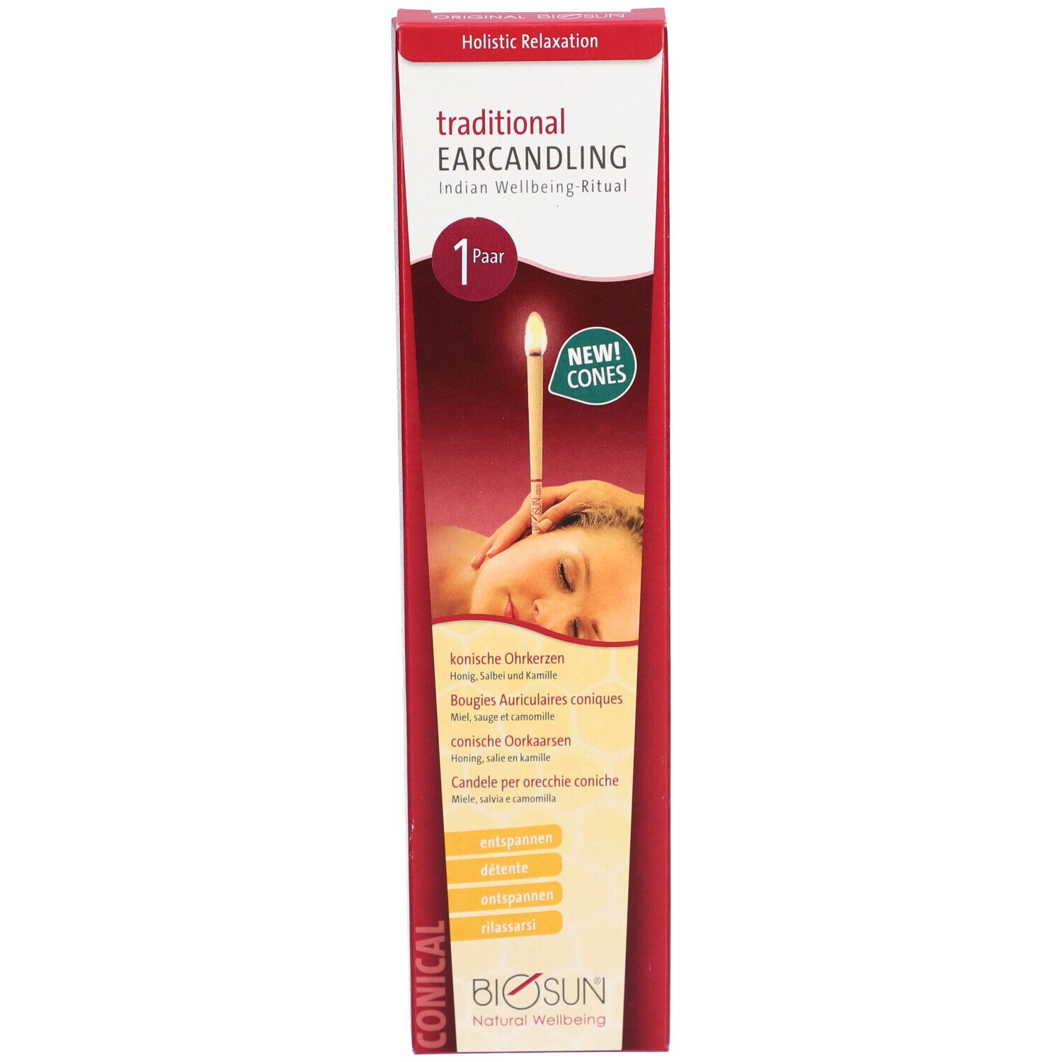 Boîte de bougies auriculaires. Texte: "traditional EAR CANDLING". Image d'une personne avec une bougie à l'oreille. Logo "BIOSUN".