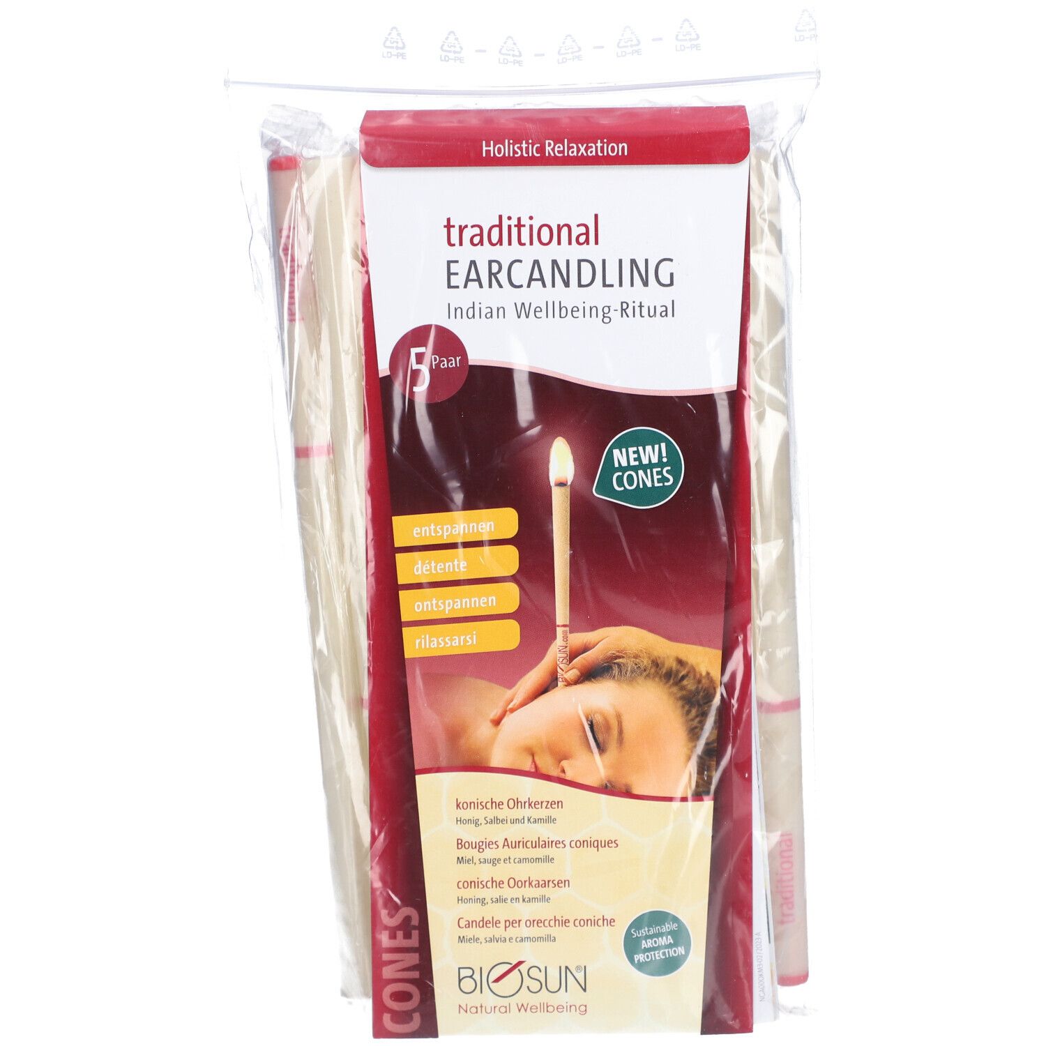 Paquet de bougies auriculaires. Texte: "traditional Earcandling". Illustration d'une application. "BIOSUN Natural Wellbeing".