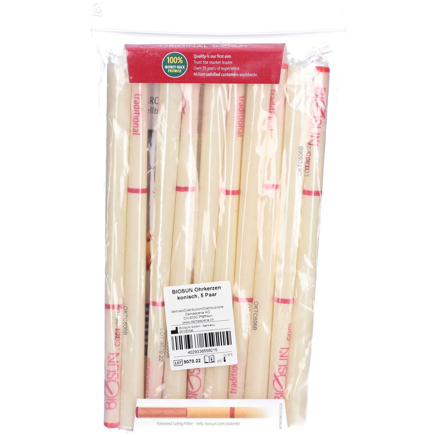 Paquet de bougies auriculaires. Texte: "BIOSUN Ohrkerzen konisch, 5 Paar". Label de qualité. Emballage transparent.