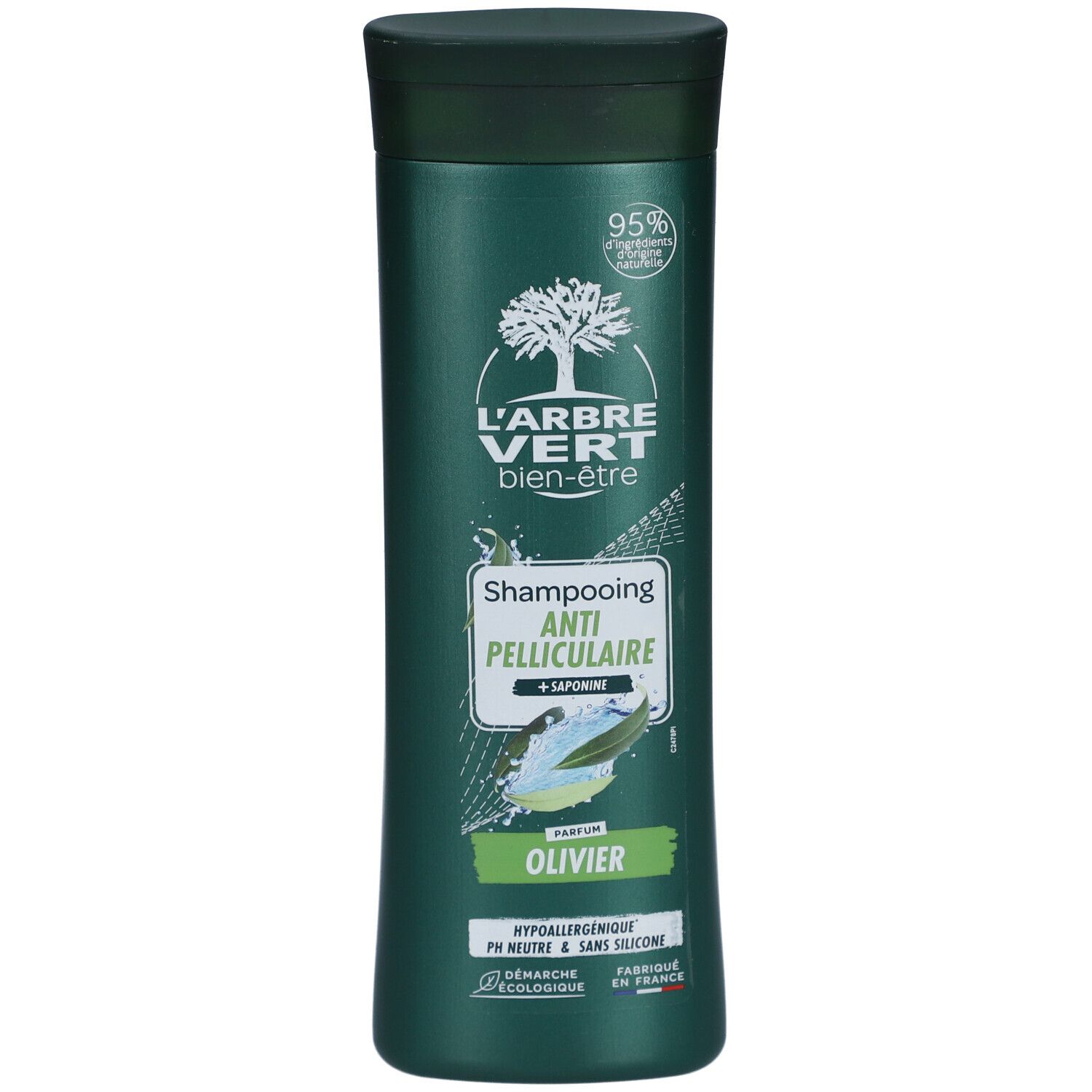 Groene shampoo fles met wit etiket. Tekst: L'ARBRE VERT, Anti-roos, Olivier. 95% ingrediënten van natuurlijke oorsprong.